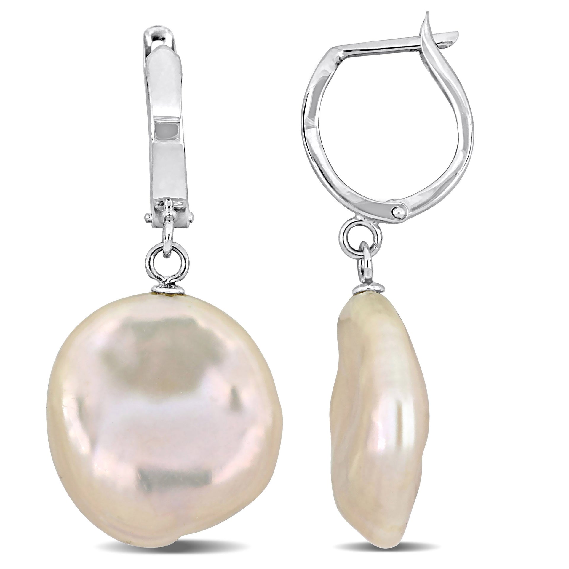 16.5-17mm Cultured Freshwater Pink Coin Pearl Hoop Earrings in 14k White Gold