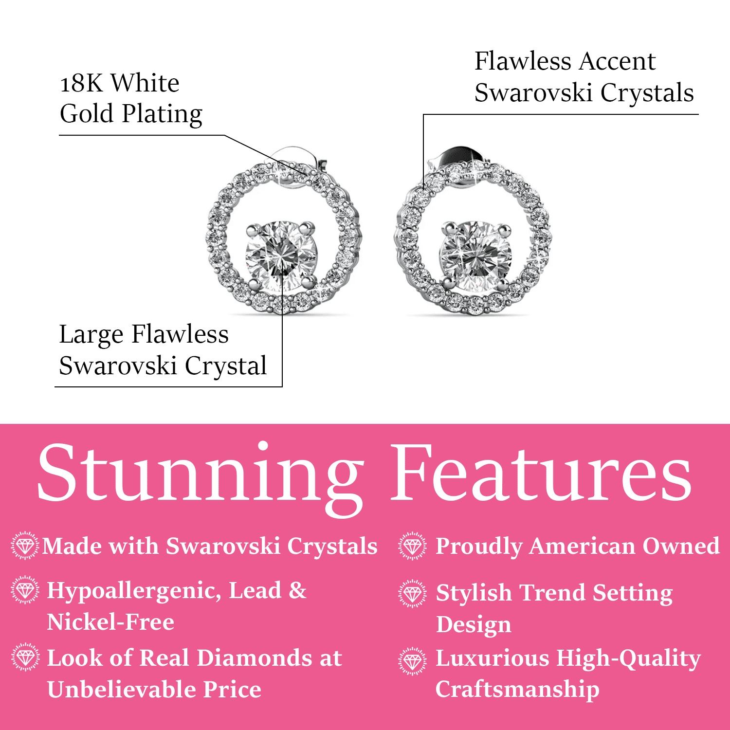 Reign 18k White Gold Plated Halo Drop Stud Earrings with Swarovski Crystals