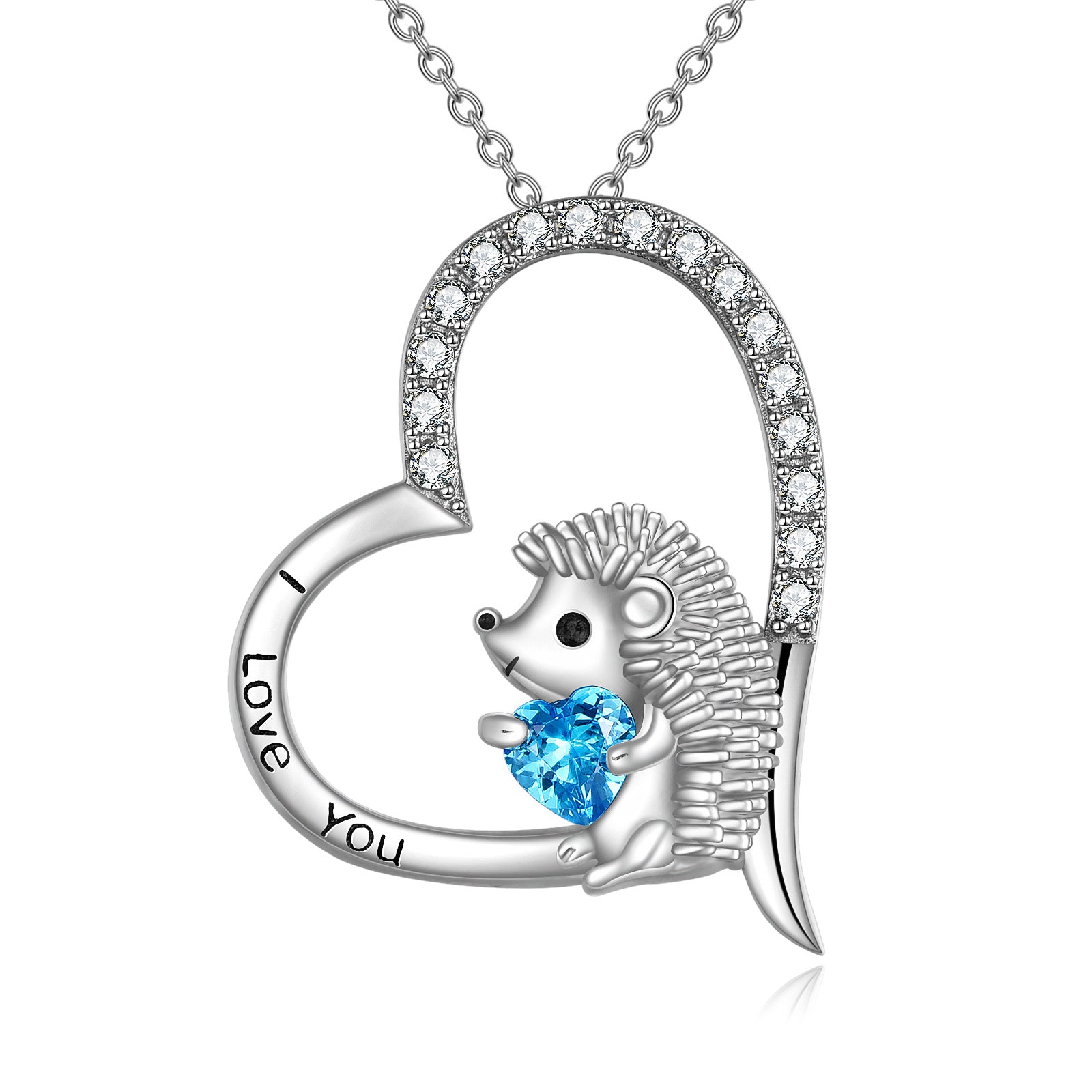 Sterling Silver Heart Cubic Zirconia Hedgehog With Heart Pendant Necklace With Engraved Word For Women