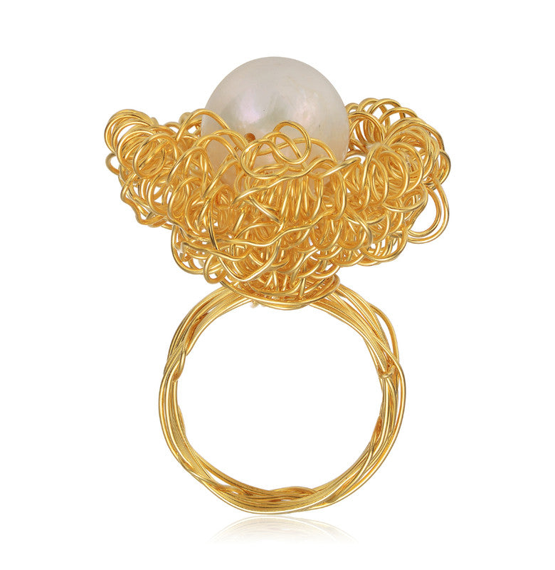 Sterling Silver 14k Gold Plated With 14mm Genuine Freshwater Pearl Ring
