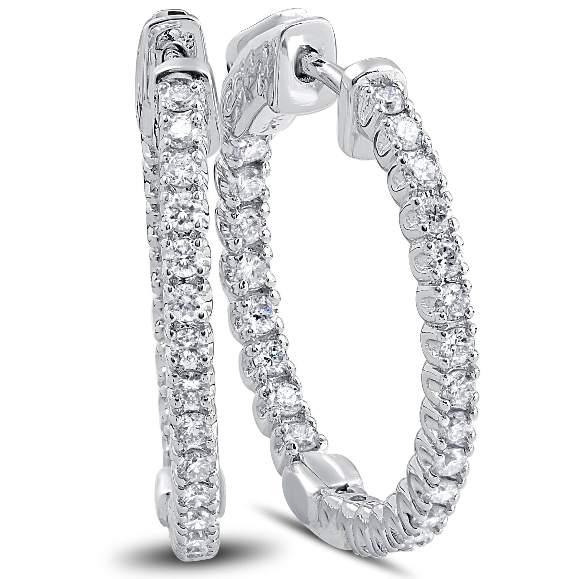 1.25 Ct Diamond Oval Shaped Inside Outside Hoops Earrings 14k White Gold 1'