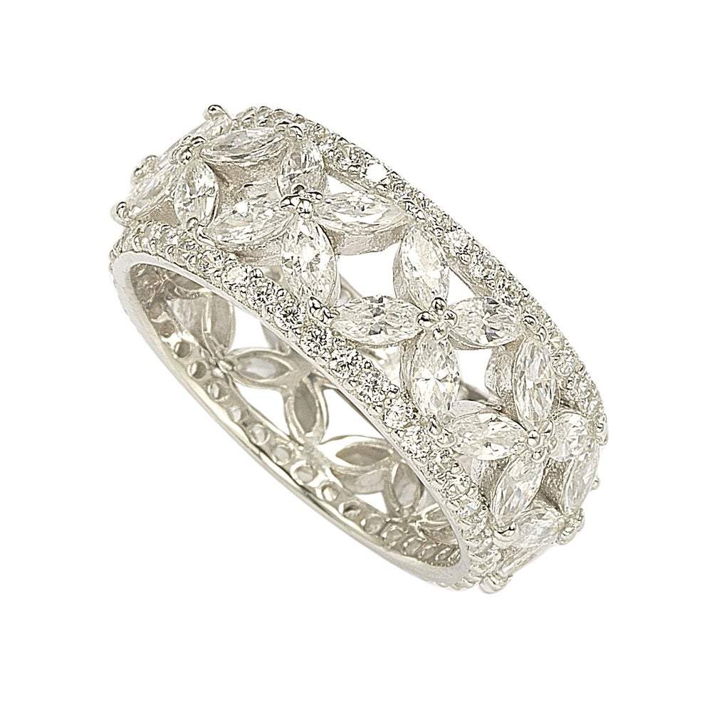 Suzy Levian Sterling Silver Cubic Zirconia Floral Eternity Band
