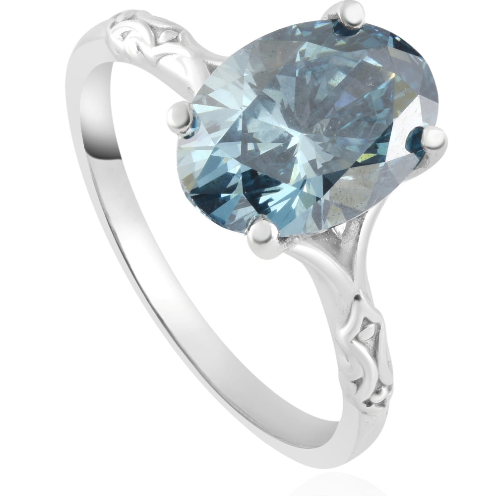 2 ct Oval Blue Diamond Solitaire Engagement Ring 14k White Gold Lab Grown