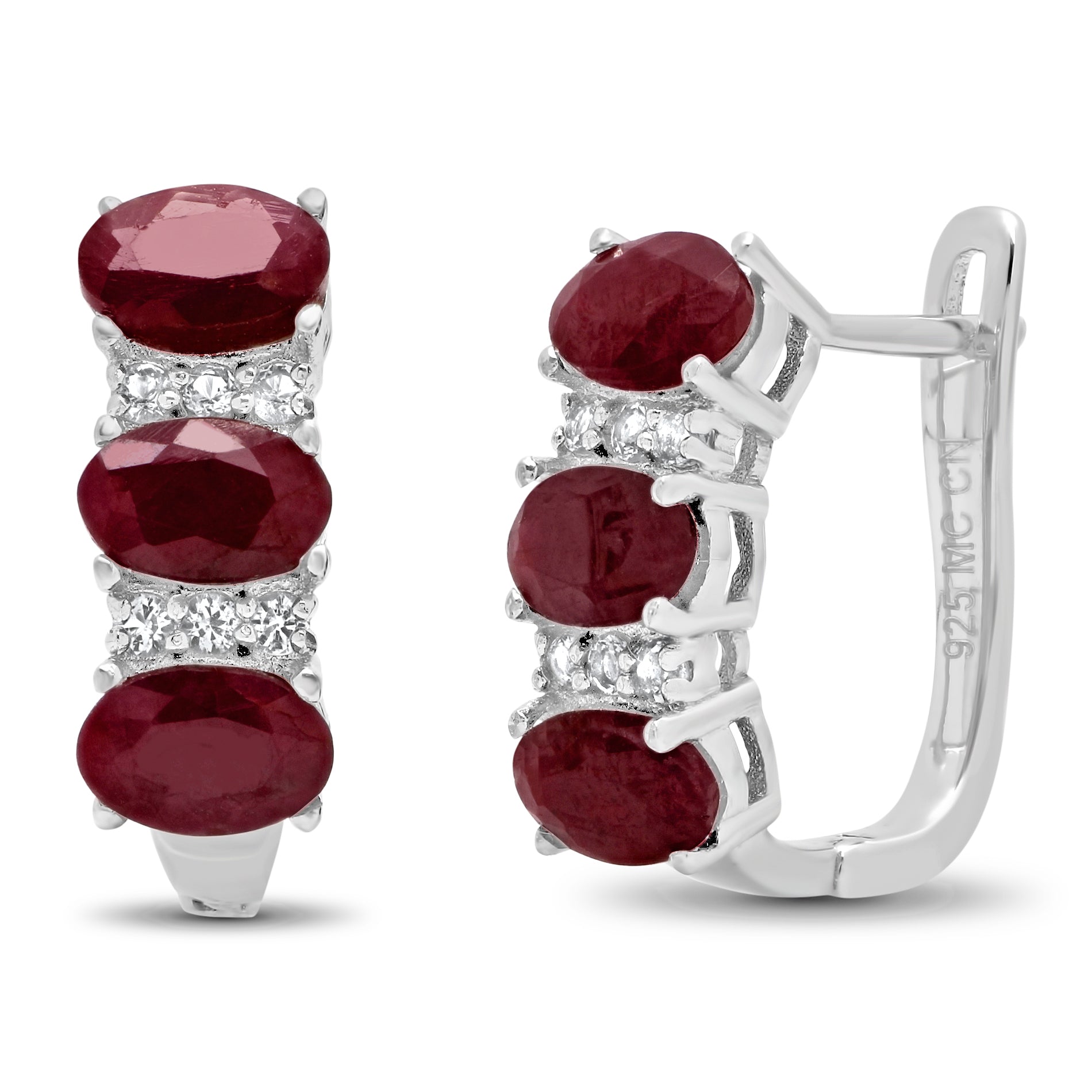 Sterling Silver Oval Genuine Gemstone and White Topaz J Hoop Earrings