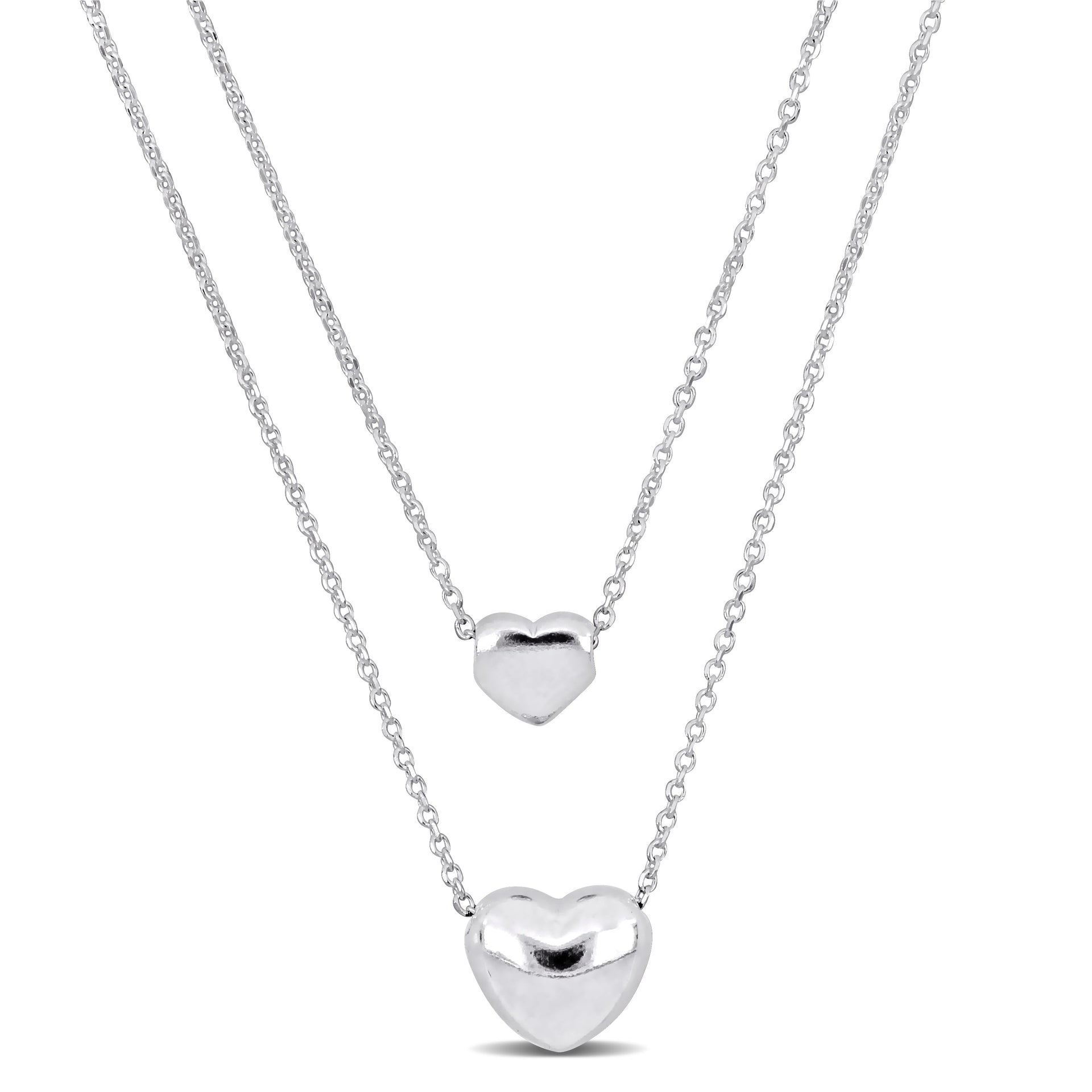 Mimi & Max Two Heart Double Strand Charm Necklace in Sterling Silver - 16+18 in.