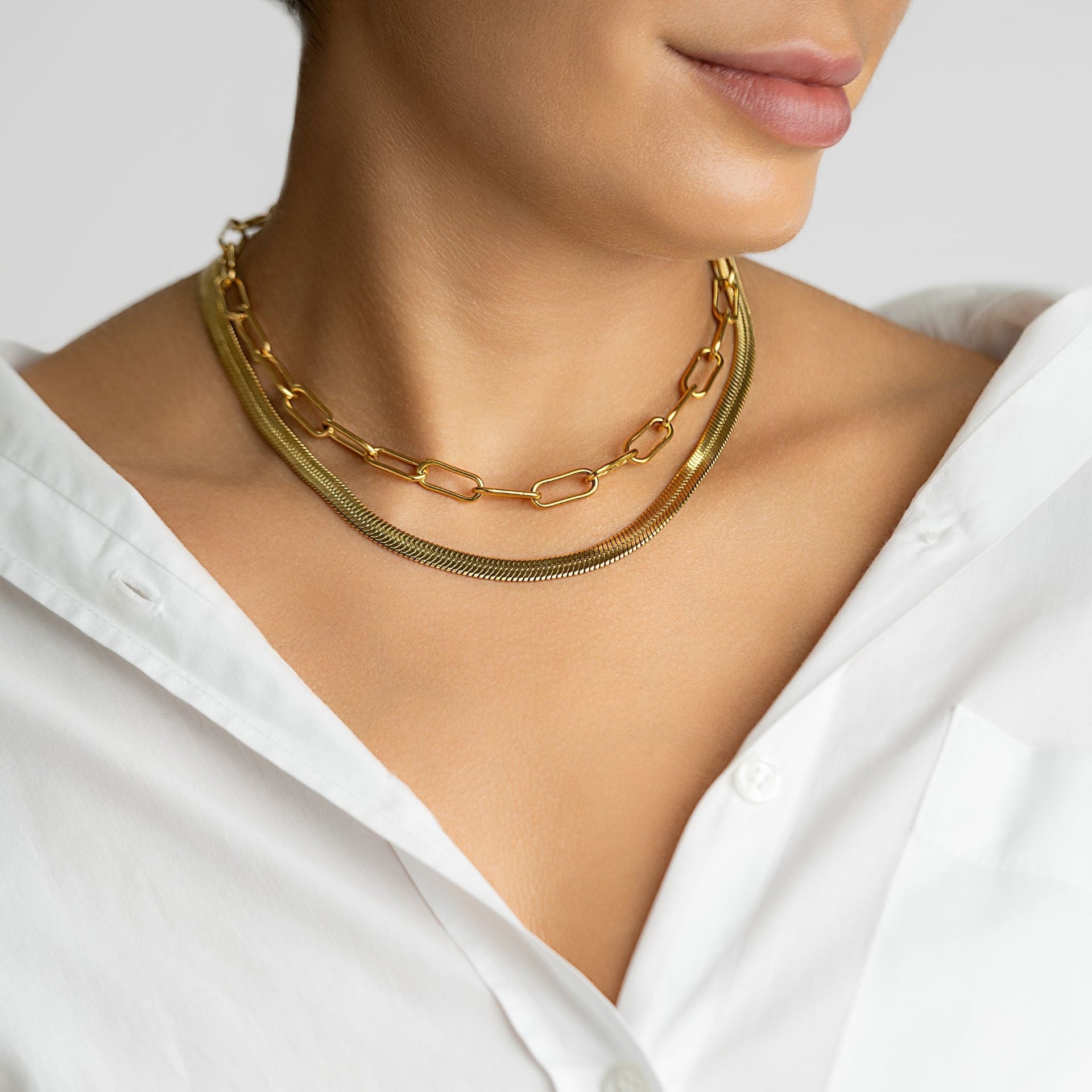 Tarnish Resistant 14K Gold Plated Set Of Herringbone And Paper Clip Necklaces