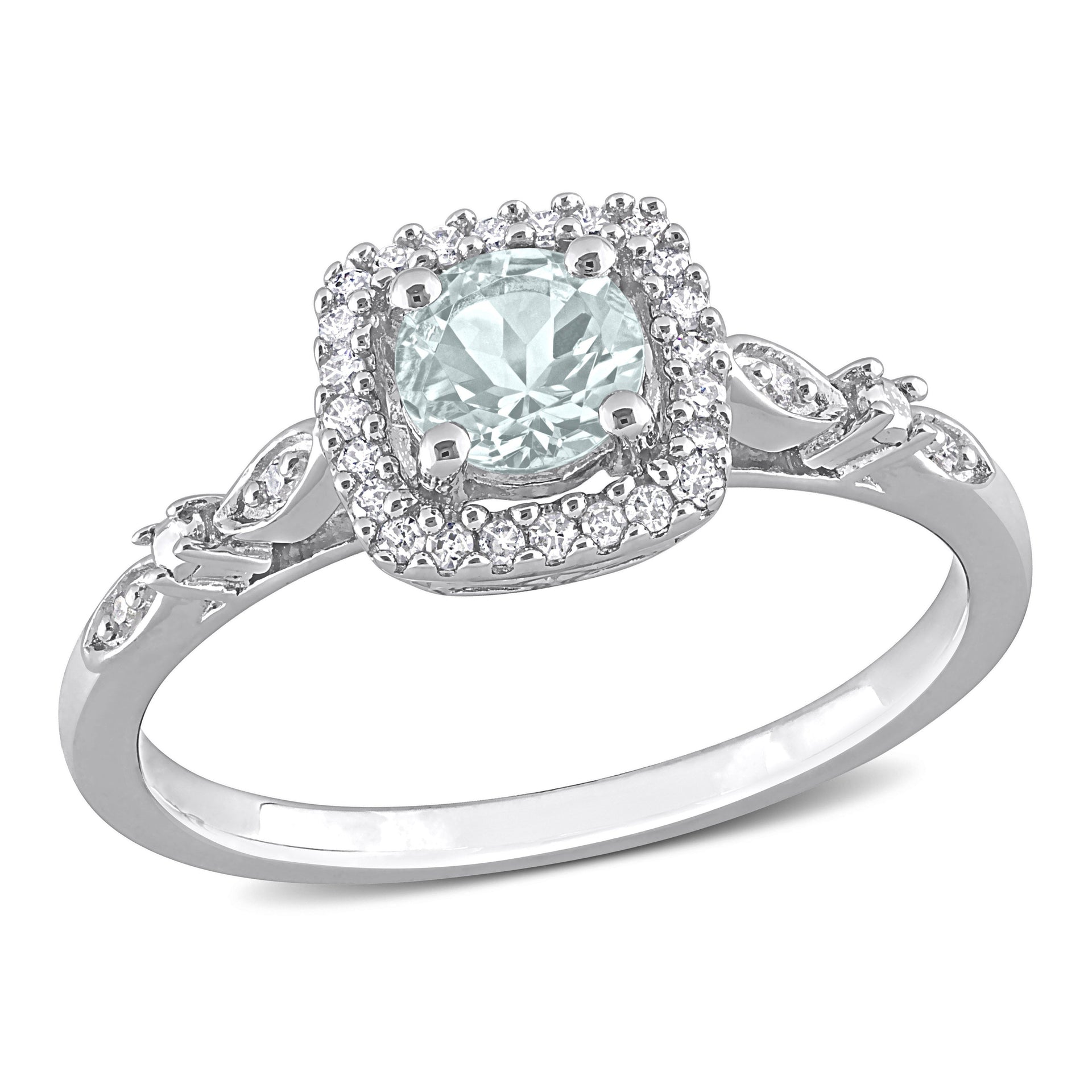 3/8 ct TW Aquamarine and 1/10ct TW Diamond Square Halo Ring in Sterling Silver