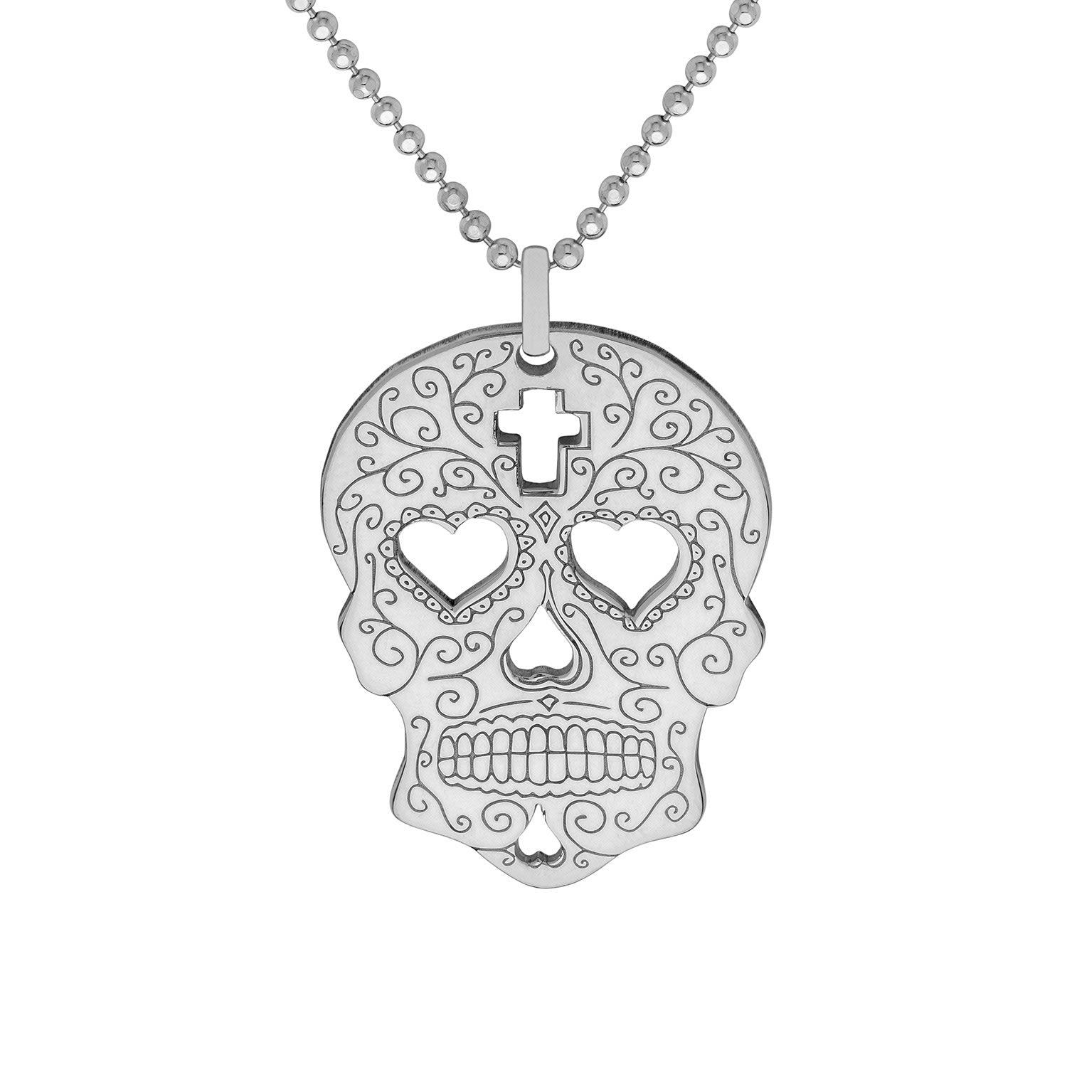 Small Silver Sugar Skull Heart Eyes Pendant Necklace