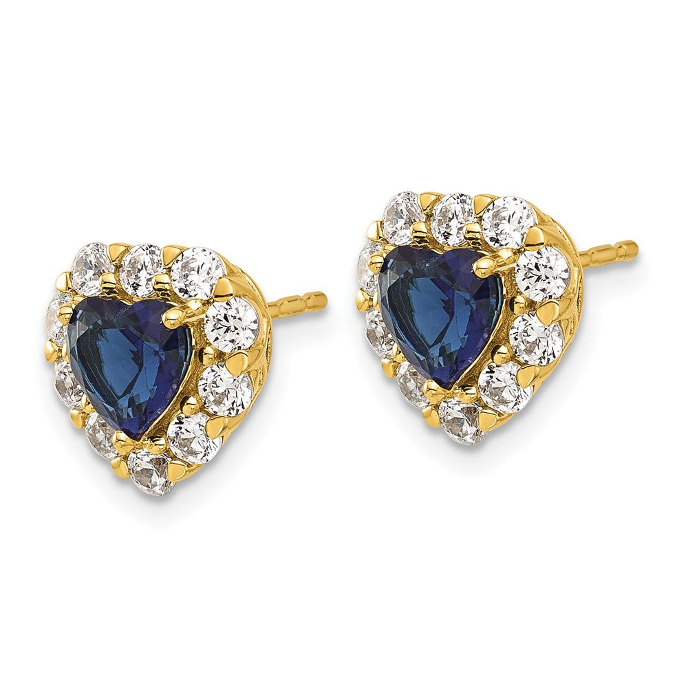 14k Yellow Gold 1 1/3 CT Lab Grown Diamond And Created Sapphire Halo Heart Stud Earrings
