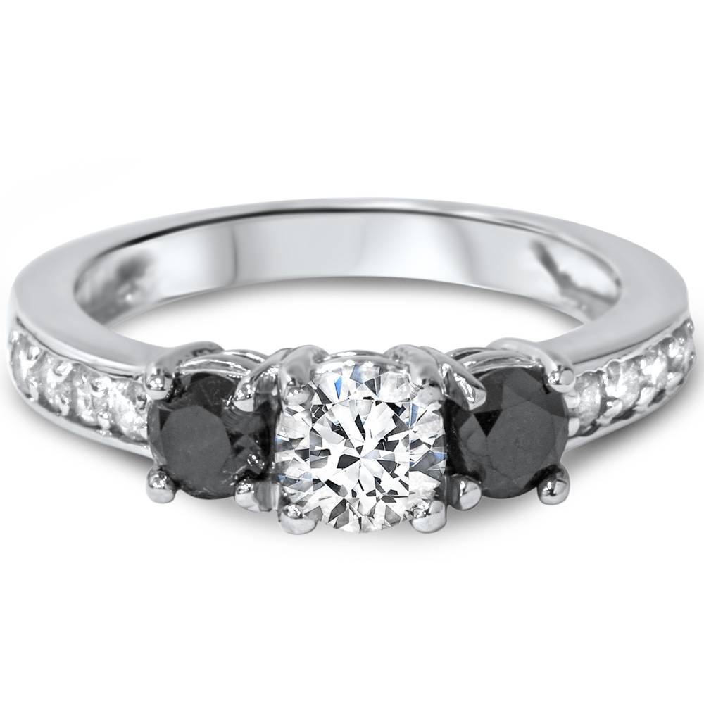 1ct Black & White Diamond 3 Stone Ring 14K White Gold