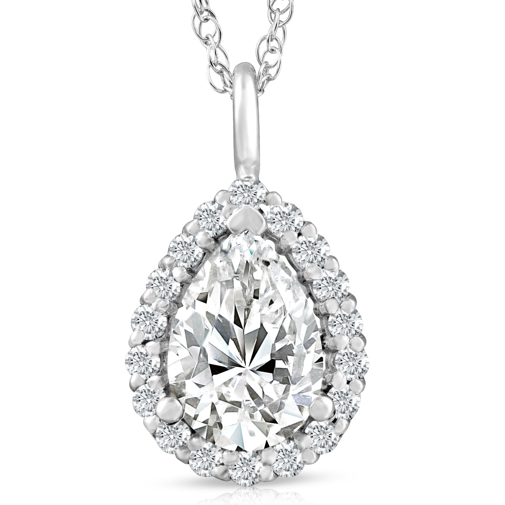 2 1/6 Pear Shaped Moissanite & Lab Grown Diamond Halo Pendant 14k Gold Necklace