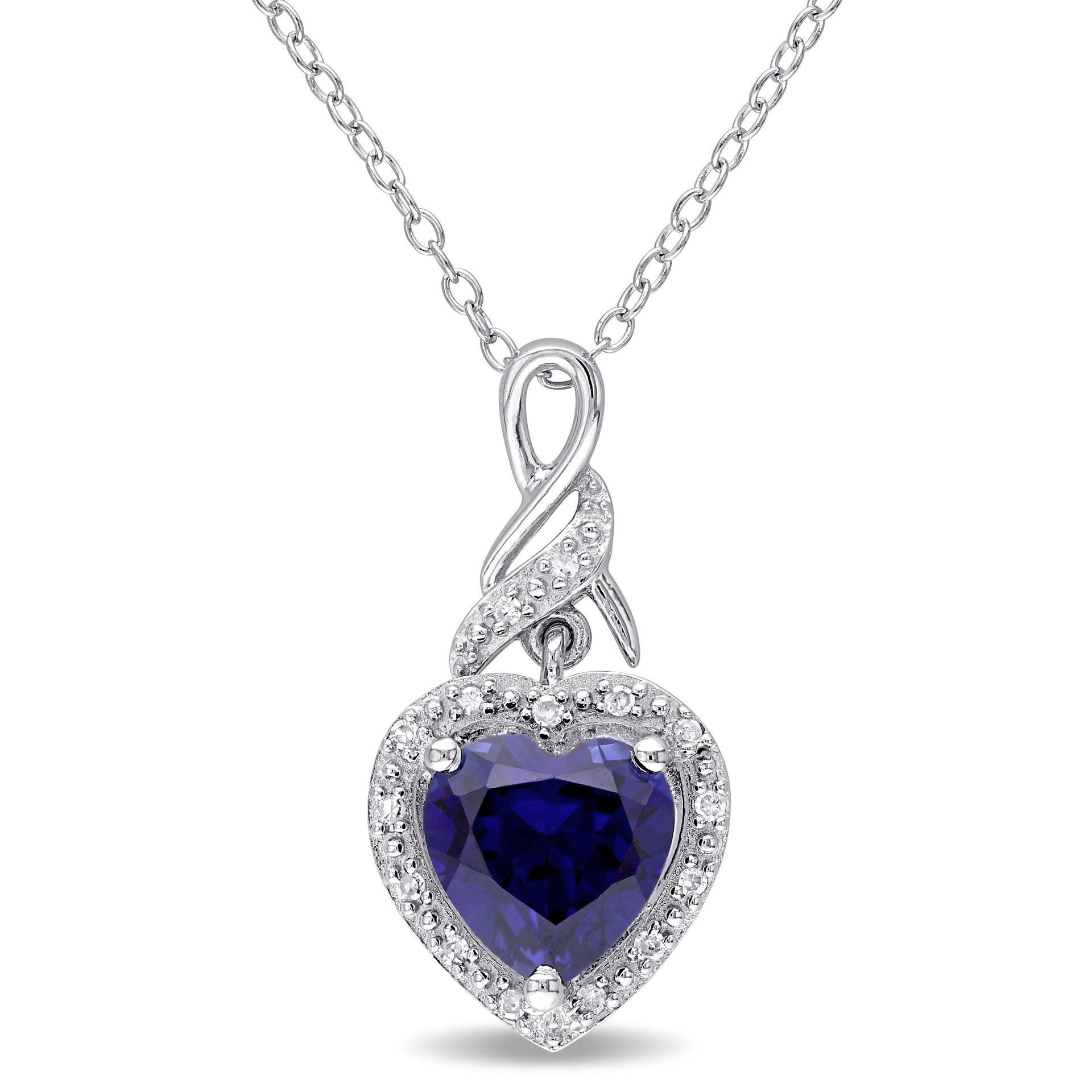 2 1/4 CT TGW Created Blue Sapphire Heart and 0.06 CT TW Diamond Twist Pendant with Chain in Sterling Silver