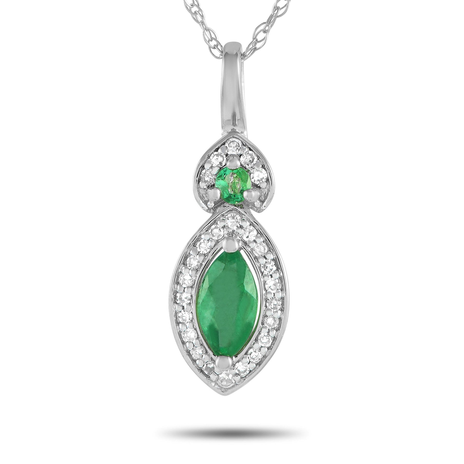 LB Exclusive 14K White Gold 0.07ct Diamond and Emerald Pendant Necklace PD4-16299WEM