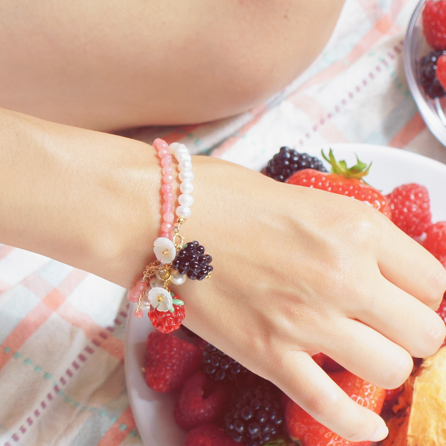 Very Berry Pearl Bracelet With Lampwork Glass Blackberry And Mother Of Pearl Flower Charm