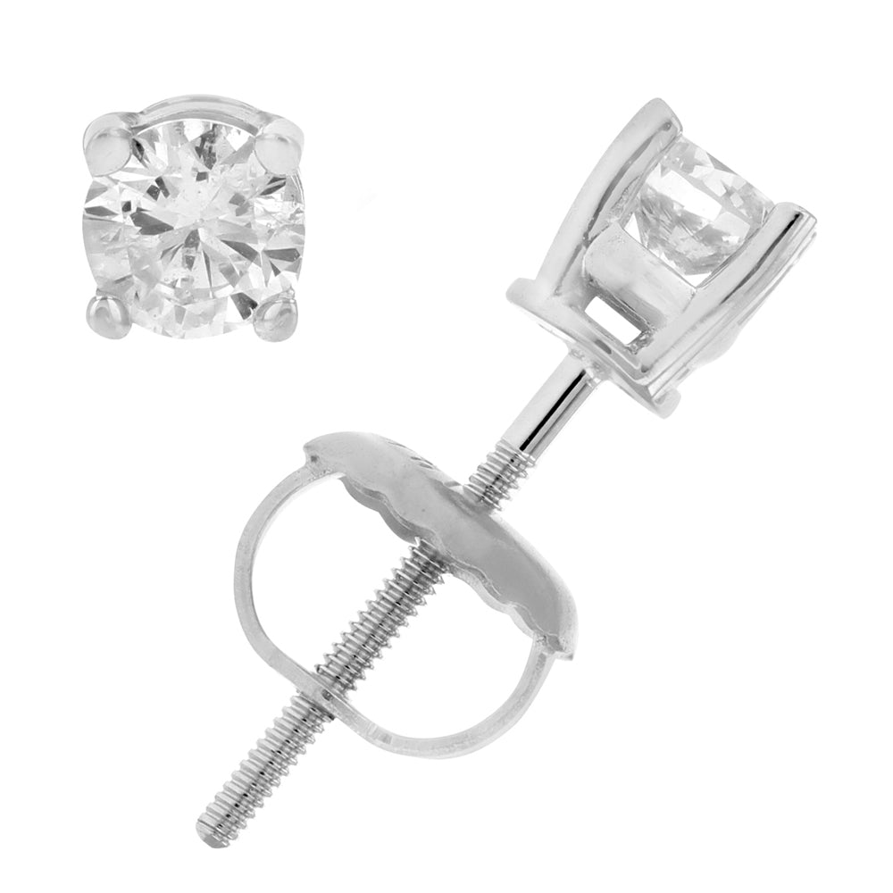 7/8 cttw Diamond Stud Earrings 14K White Gold Round 4 Prong Set with Screw Backs