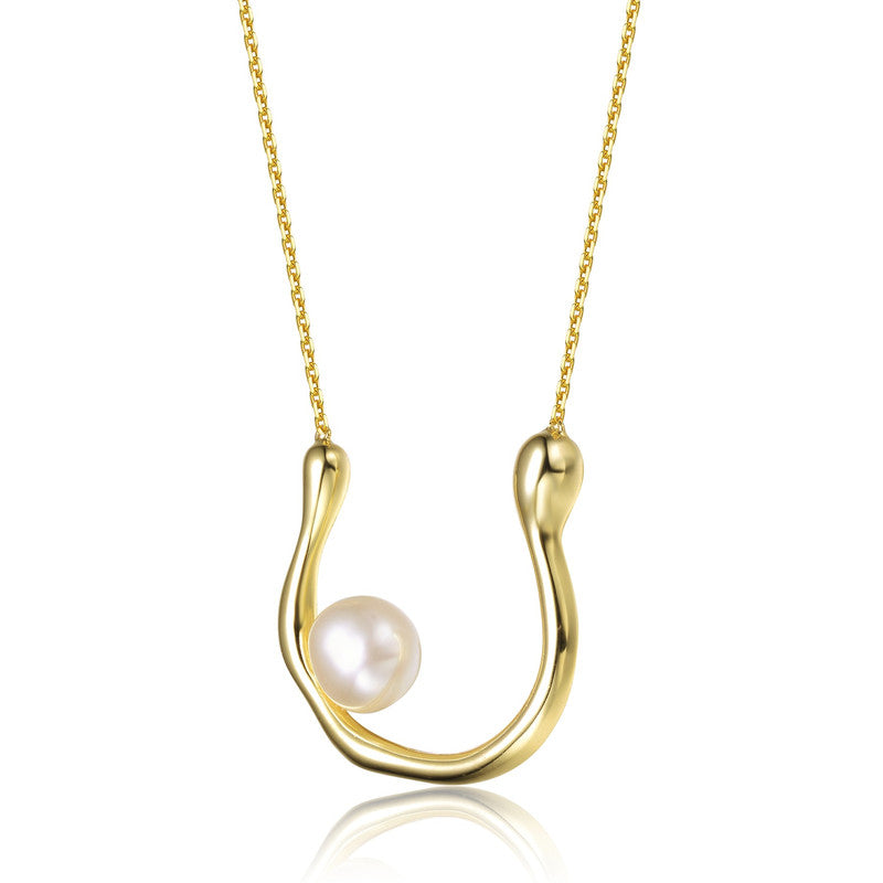 Sterling Silver 14k Gold Plated with Genuine Freshwater Pearl â€œUâ€ Necklace