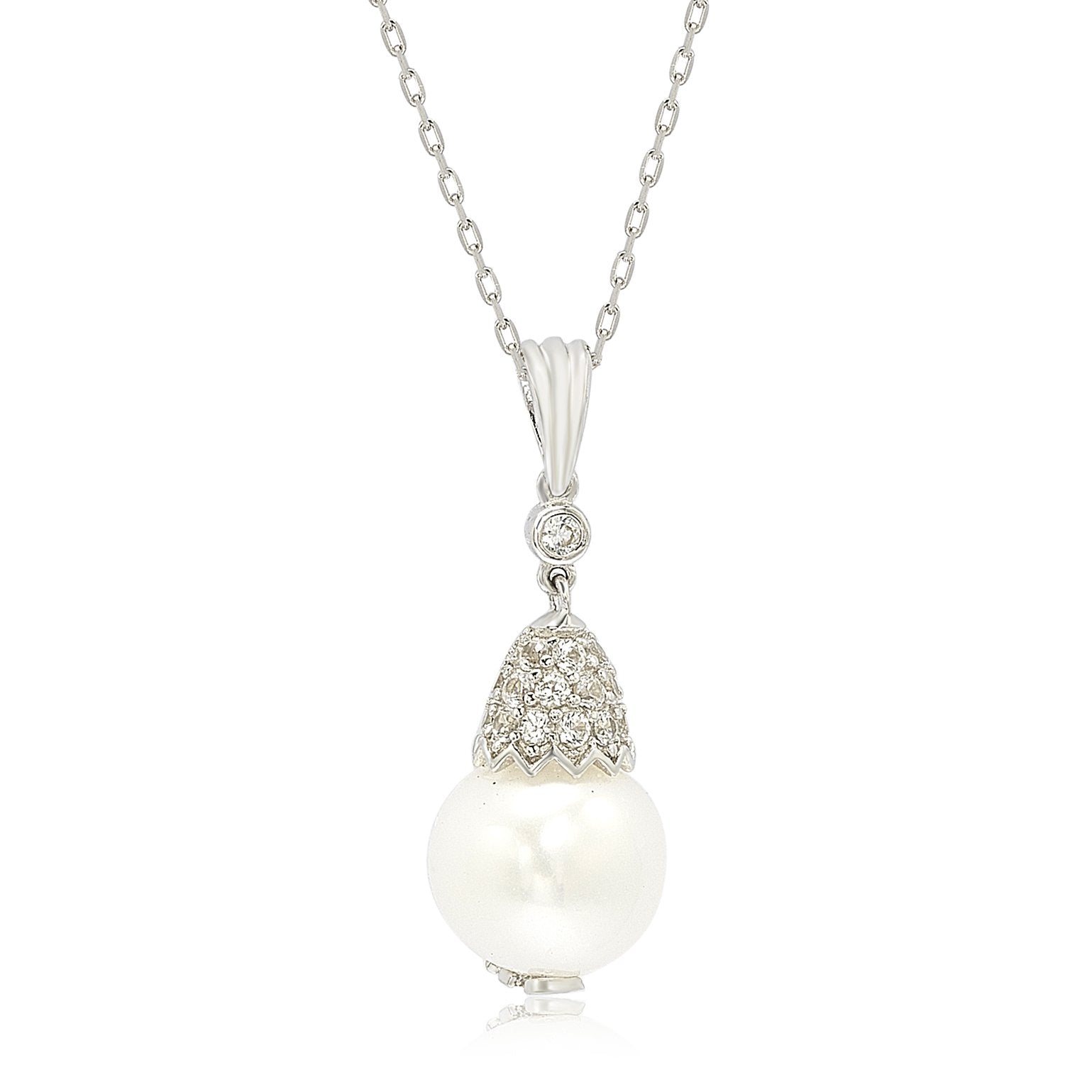 Suzy Levian Sterling Silver Pearl & White Sapphire Crown Pendant