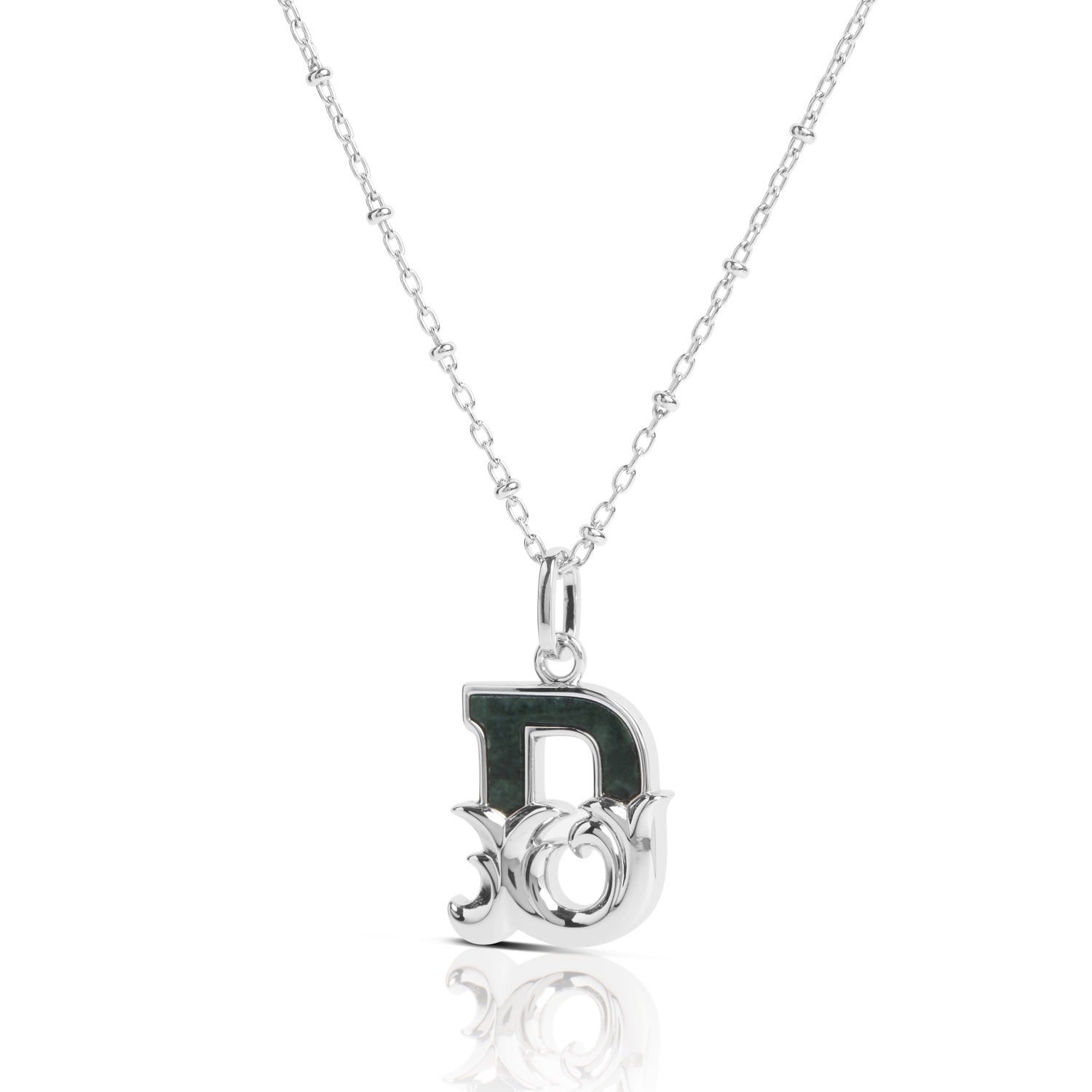 Solid Silver D Initial Necklace With Green Marble