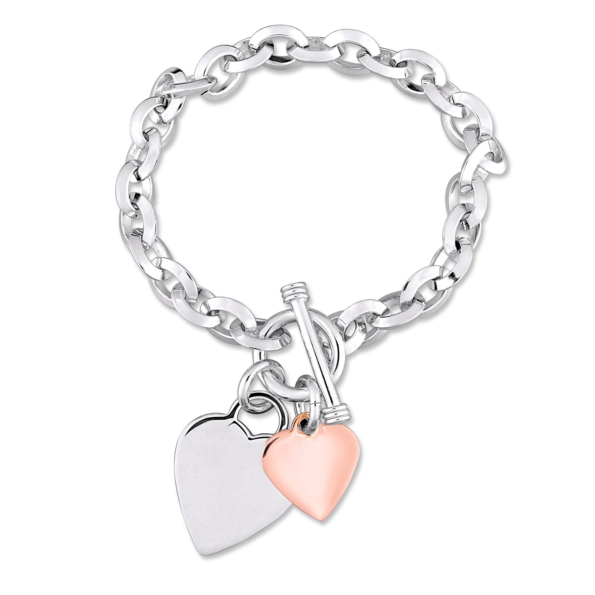 Mimi & Max Oval Link Bracelet with Double Heart Charm and Toggle Clasp in 2-tone Rose and White Sterling Silver