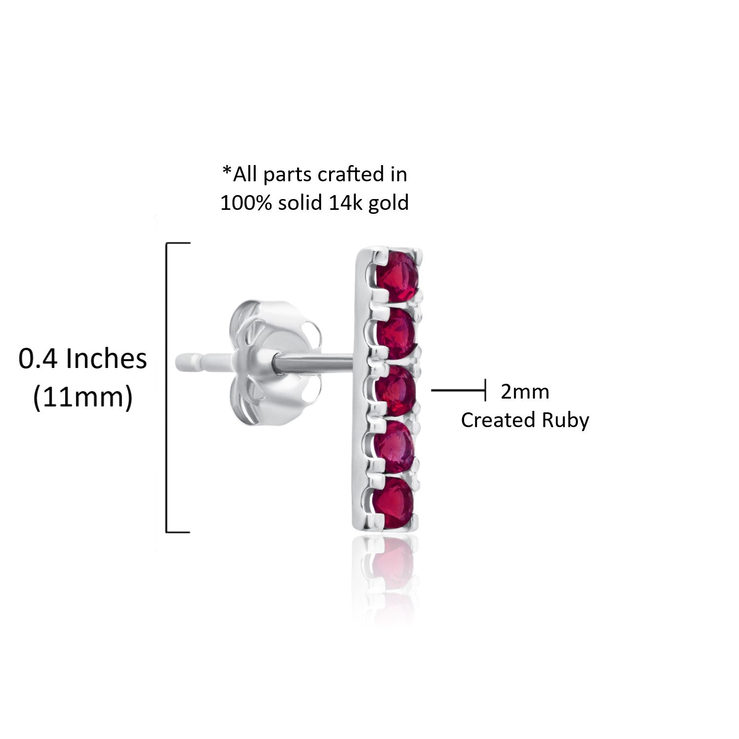 14k White Gold Small 2mm Gemstone Bar Stud Earrings with Push Backs
