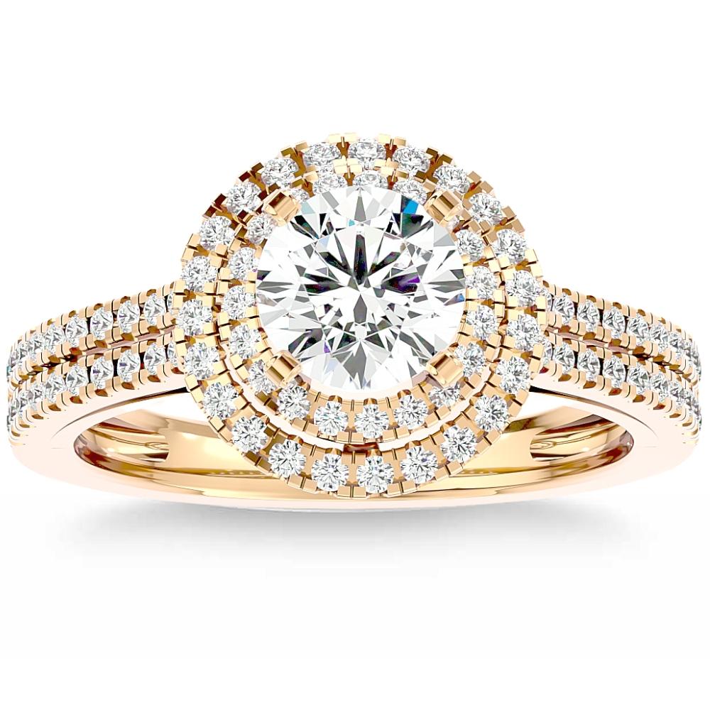 1 1/2 ct Moissanite & Diamond Double Halo Engagement Ring White Yellow Rose Gold