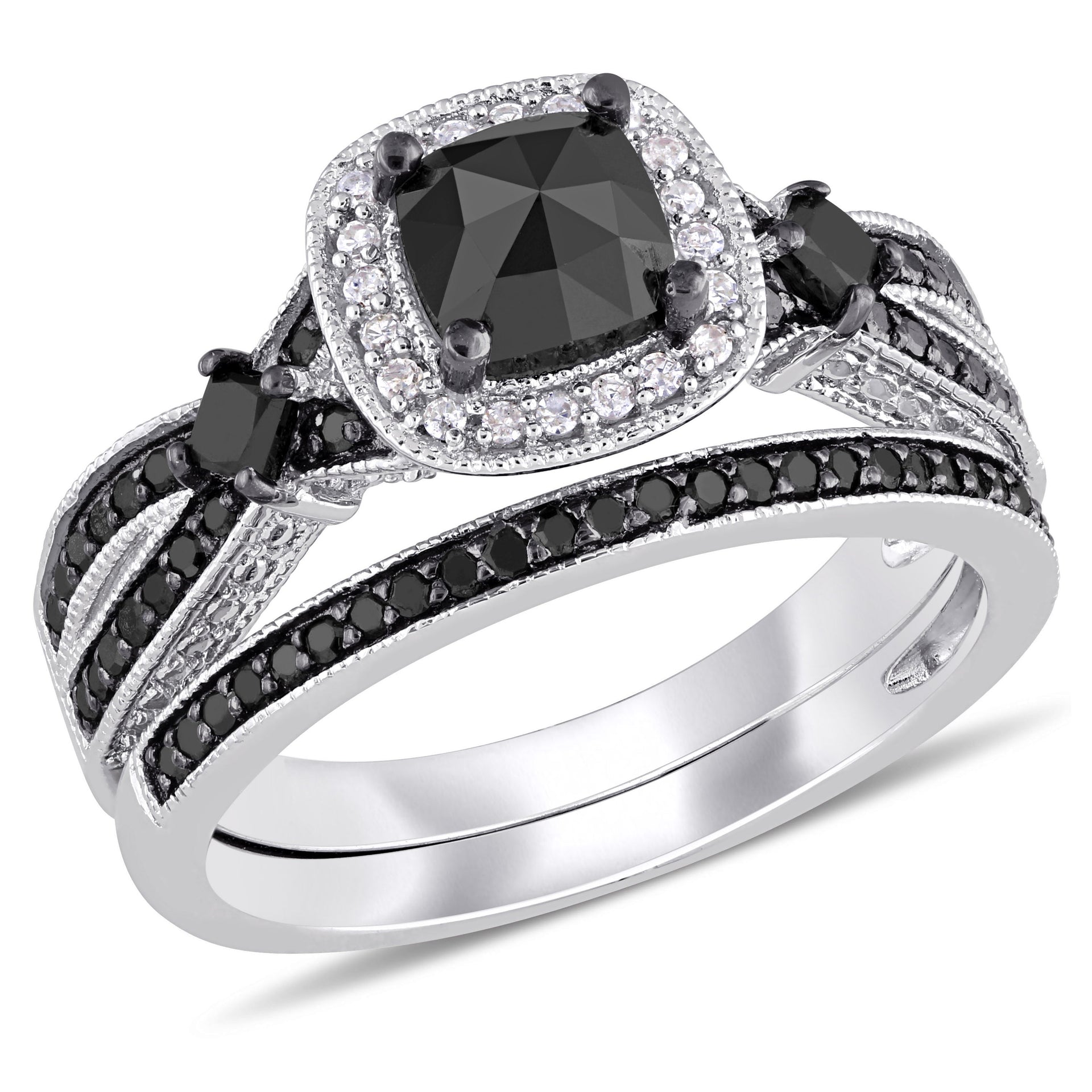 1 1/2 ct TW Black and White Multi-shape Diamond Split Shank Bridal Set in Sterling Silver