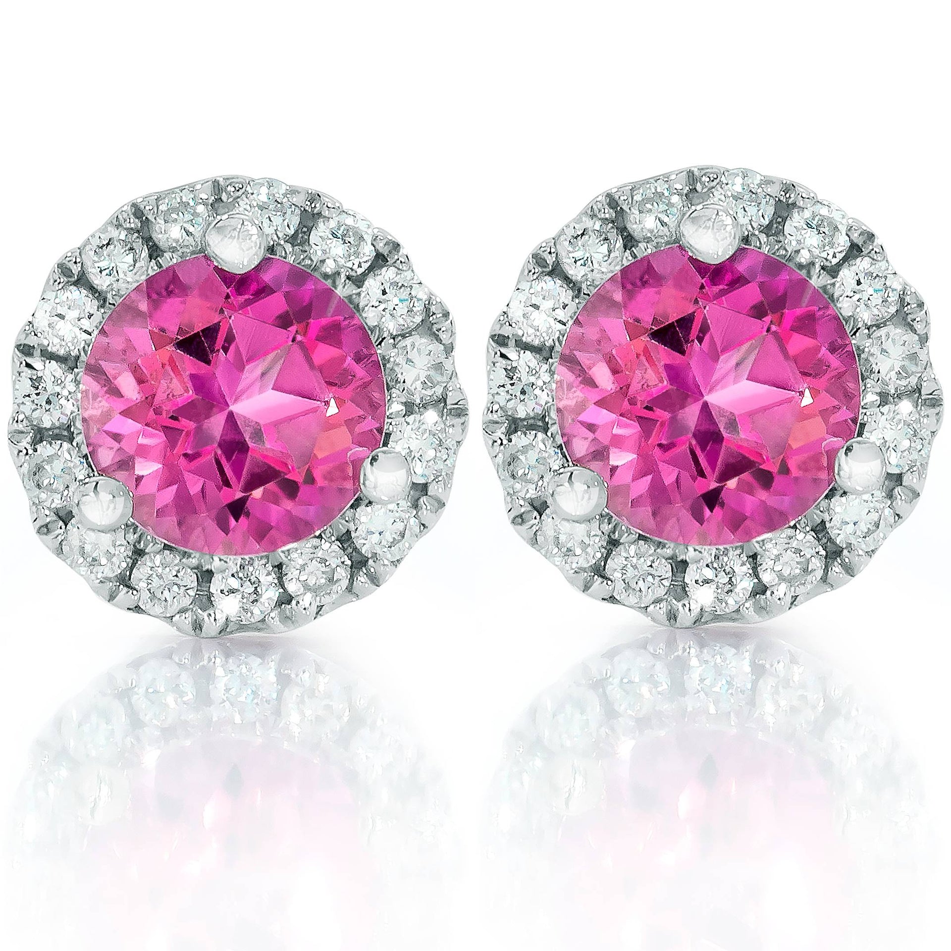 1ct Pink Topaz & Diamond Halo Studs 10K White Gold
