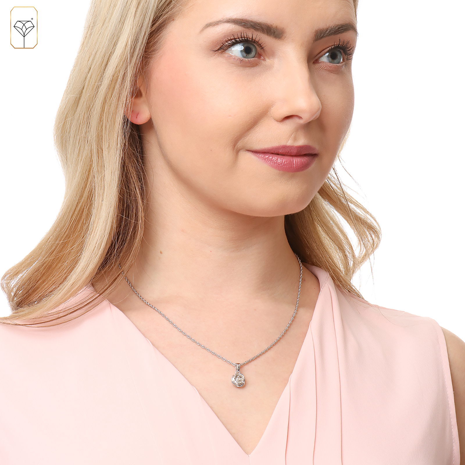 Sterling Silver Rose Pendant Necklace on 18 inch Rope Chain