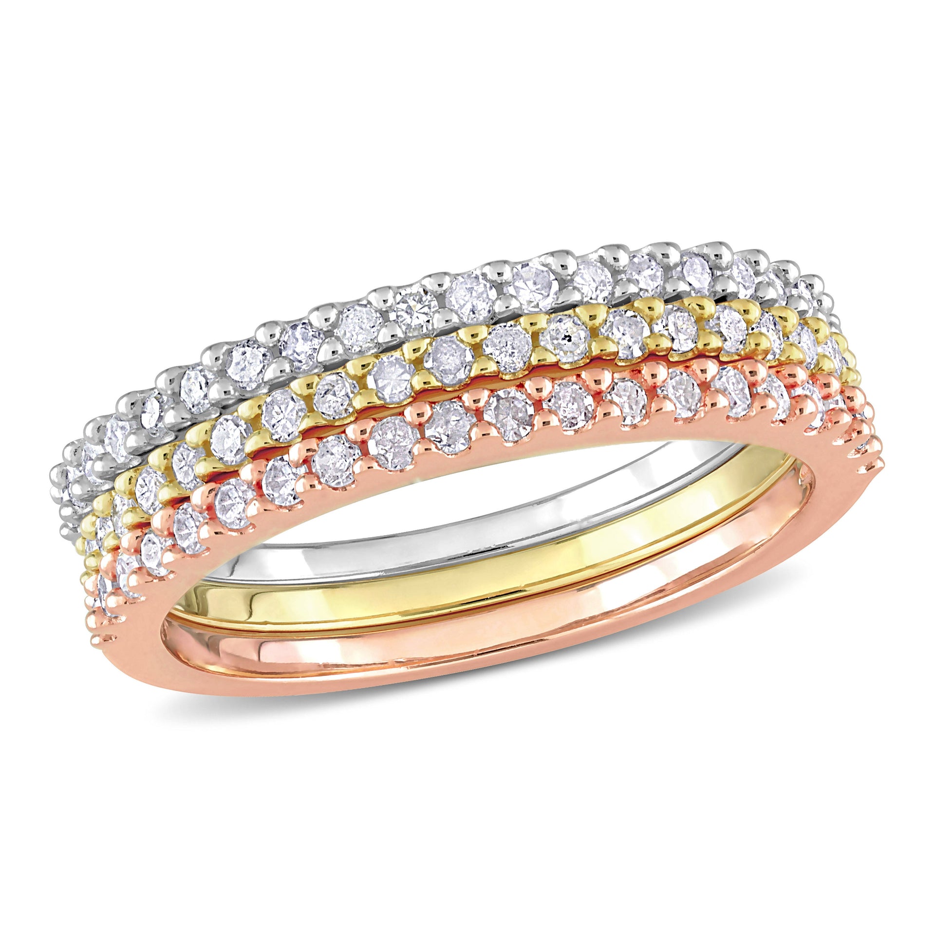Mimi & Max 5/8ct TDW Triple Row Diamond Ring Set in 3-Tone Pink, Yellow and White Sterling Silver