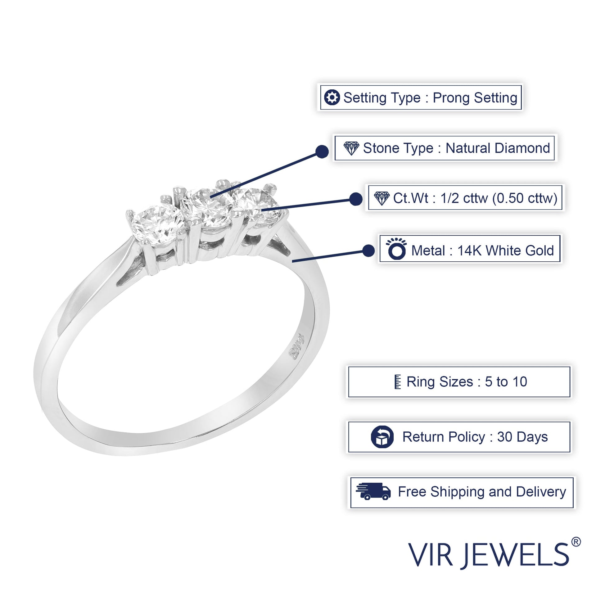 1/2 cttw 3 Stone Diamond Engagement Ring 14K White Gold Round Bridal Wedding