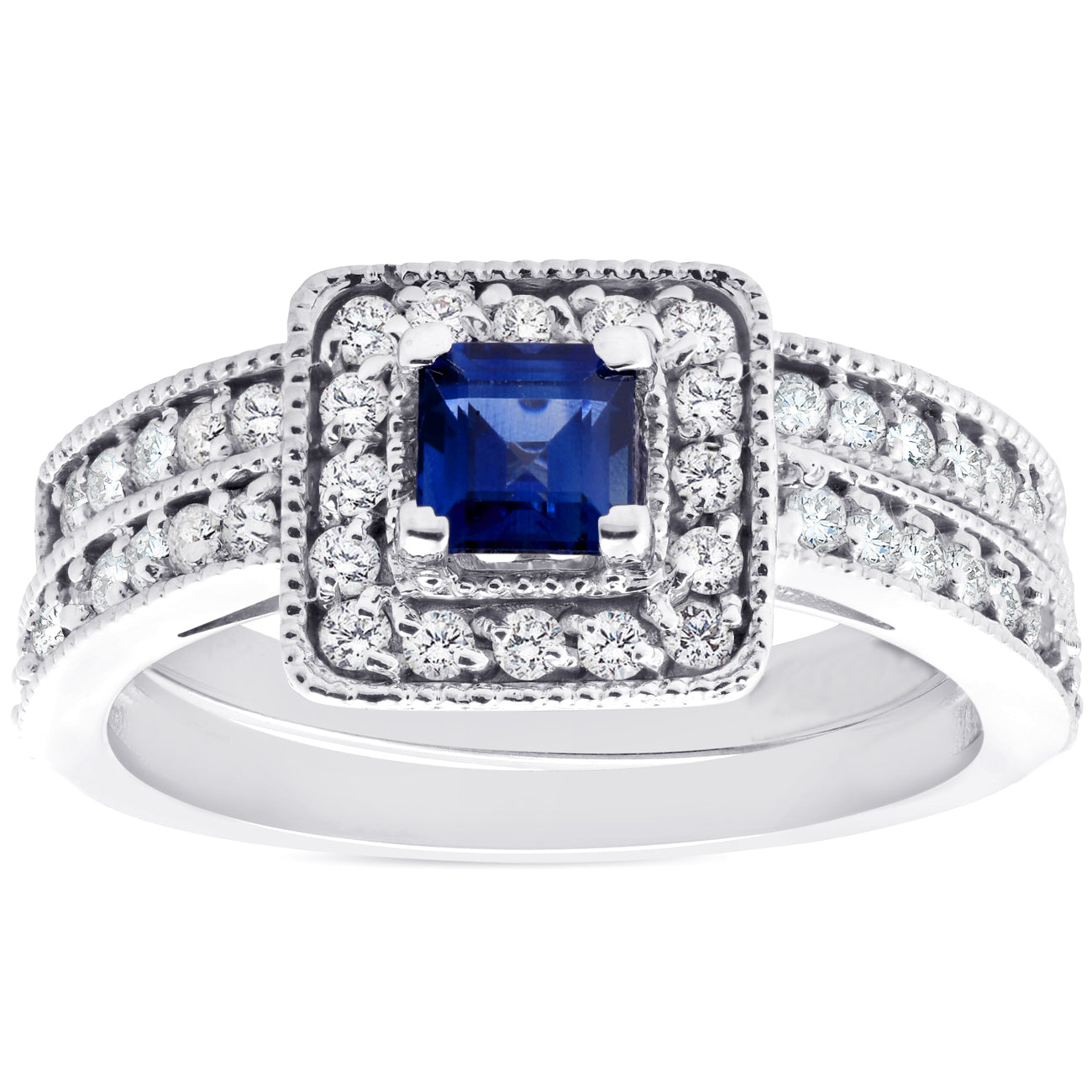 1ct Blue Sapphire Princess Cut Halo Diamond Ring Set 14K White Gold