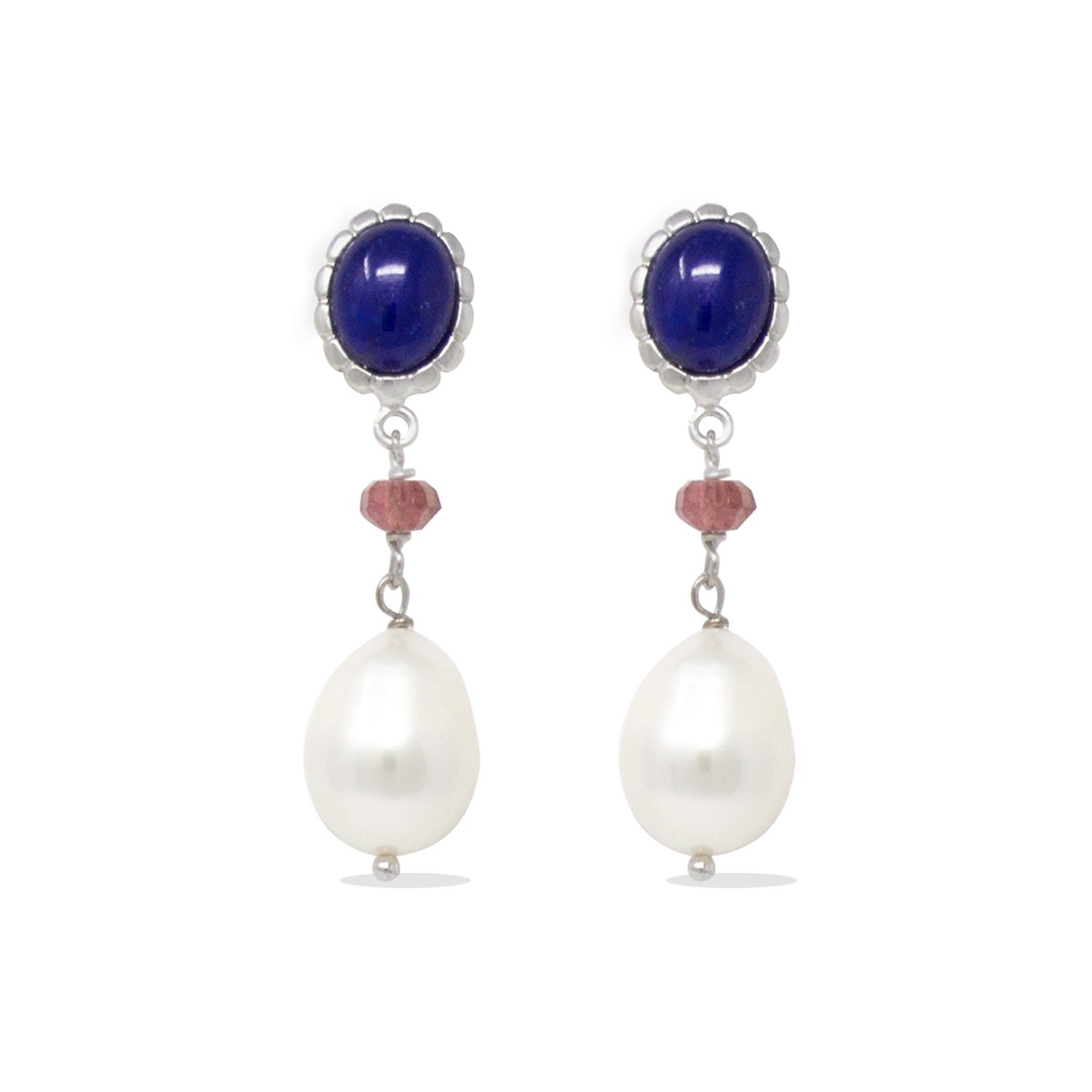 Lapis, Pink Quartz & Pearl Drop Earrings