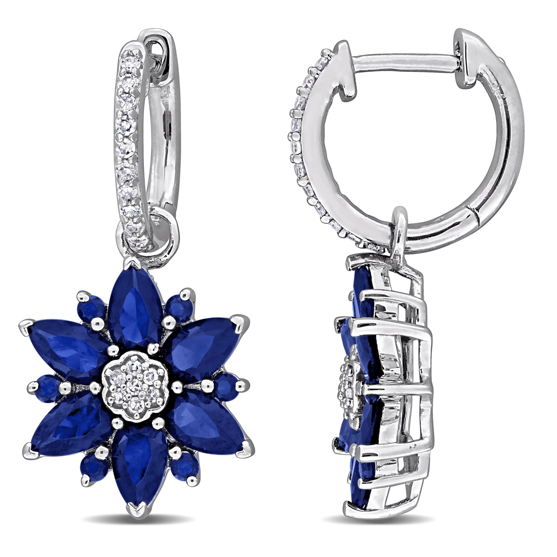 Mimi & Max 4 2/5ct TGW Created Blue Sapphire 1/6 ct TW Diamond Flower Earrings Sterling Silver