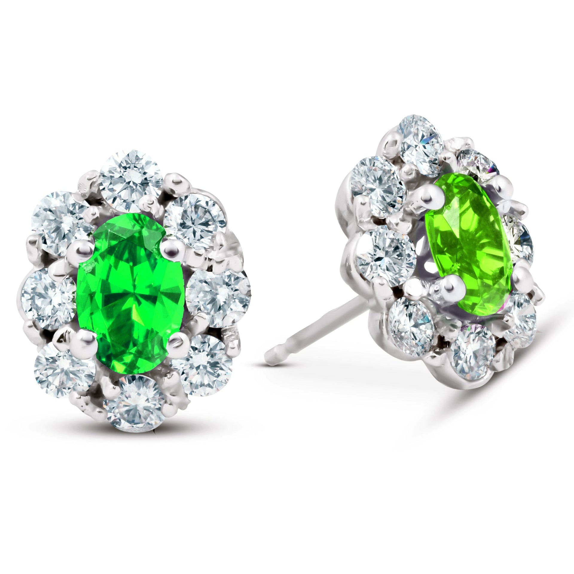3 Ct Peridot & Diamond Halo Studs 14k White Gold
