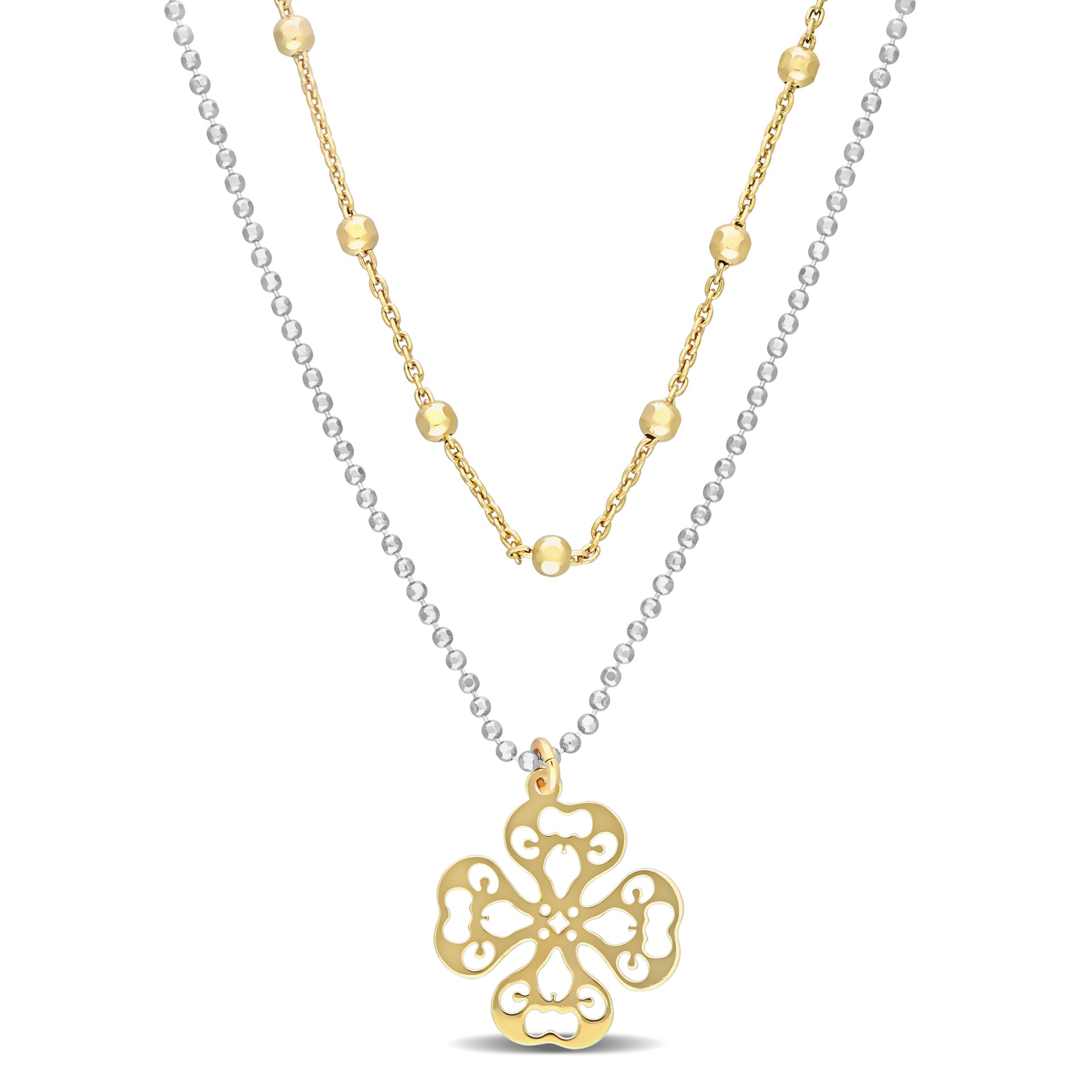 2-Tone 2-Strand Ball Bead Chain Necklace in 18K Yellow Gold Plated Sterling Silver, 19 in