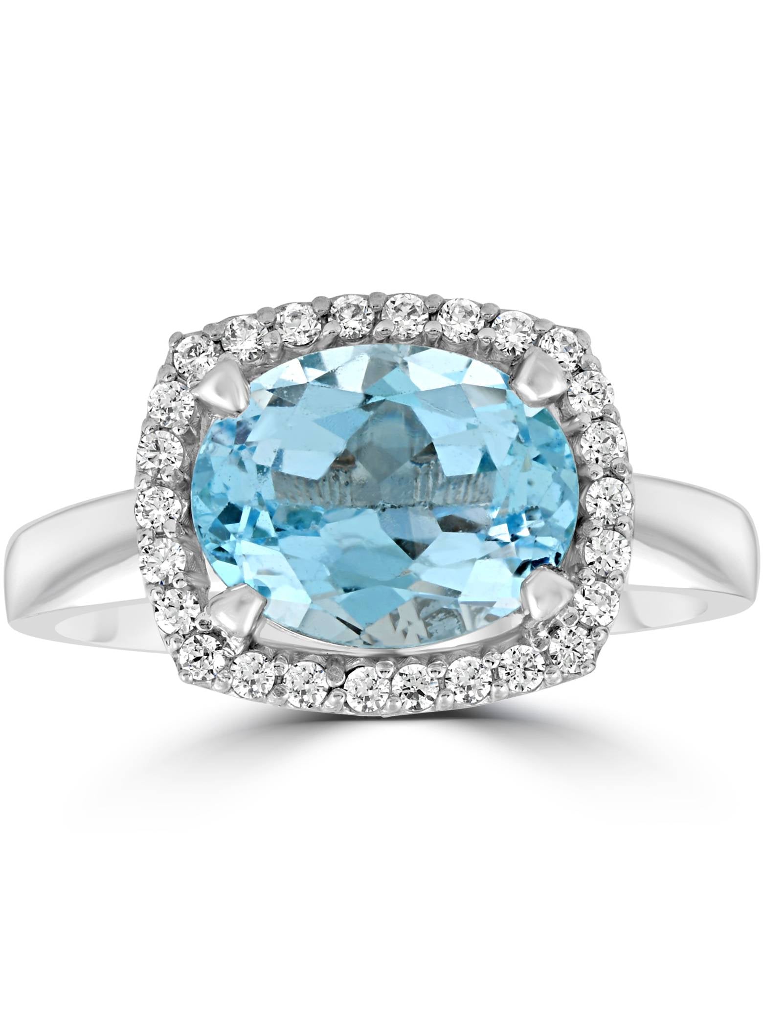 2 CT Oval Blue Topaz and Diamond Halo Ring 10K White Gold