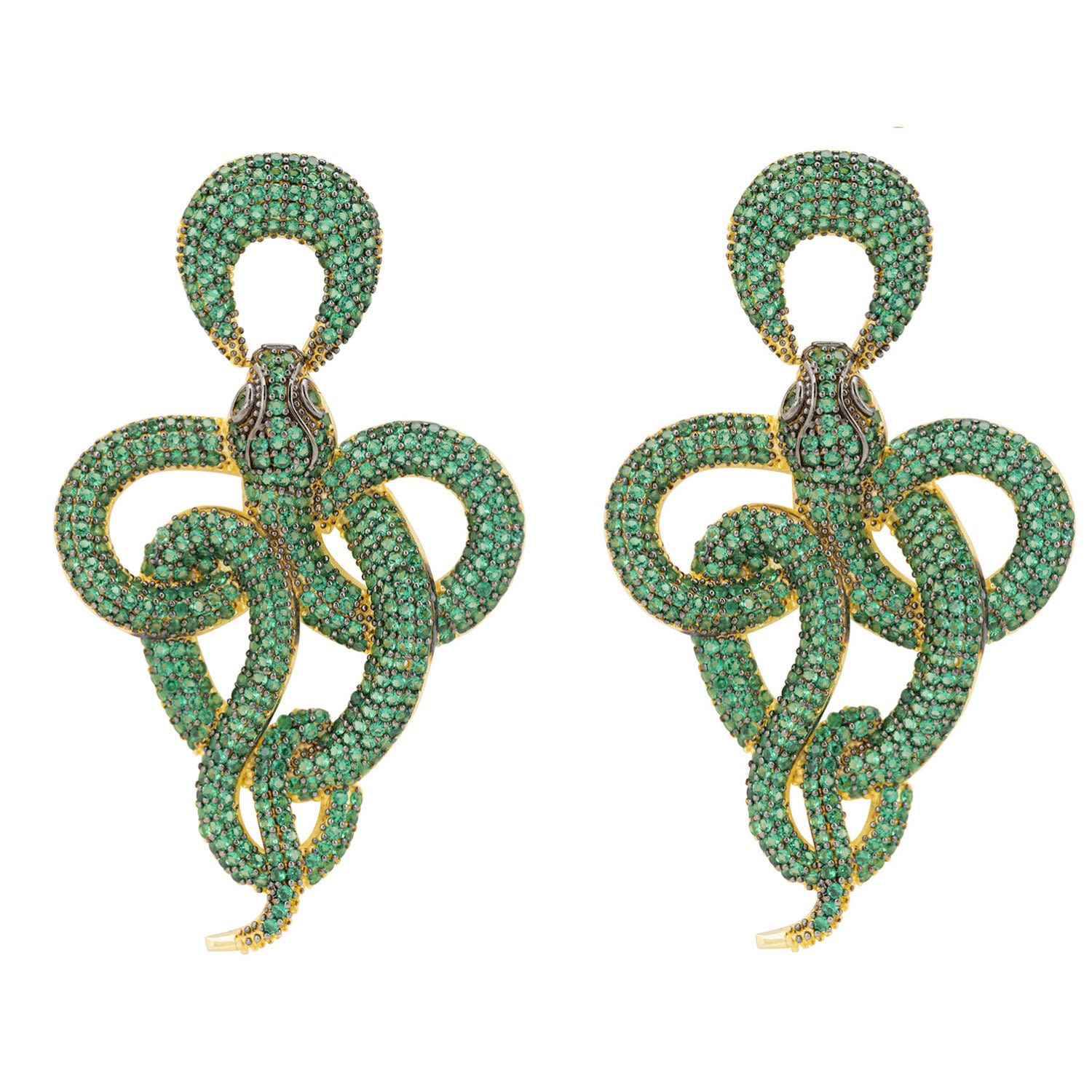 Viper Snake Drop Earrings Gold Emerald