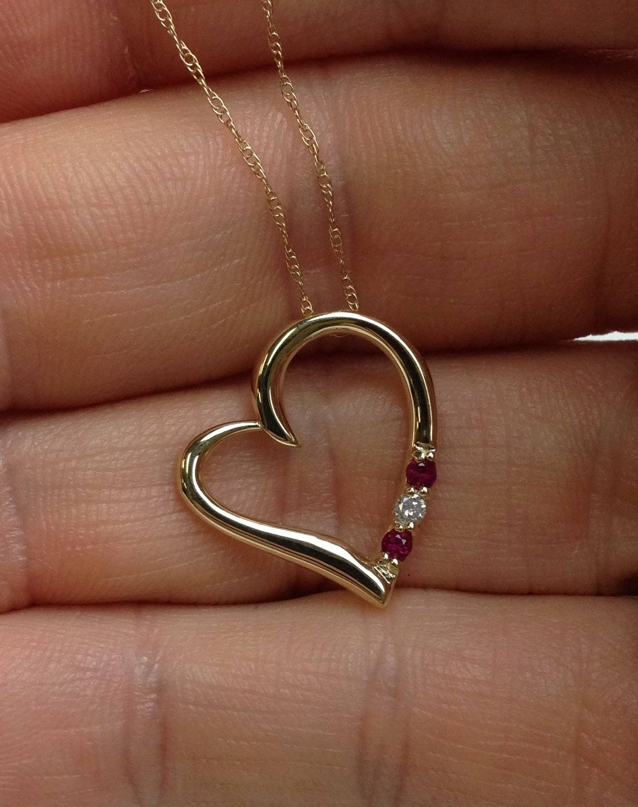 Diamond & Ruby Heart Pendant 3-Stone 10K Yellow Gold with 18' Chain