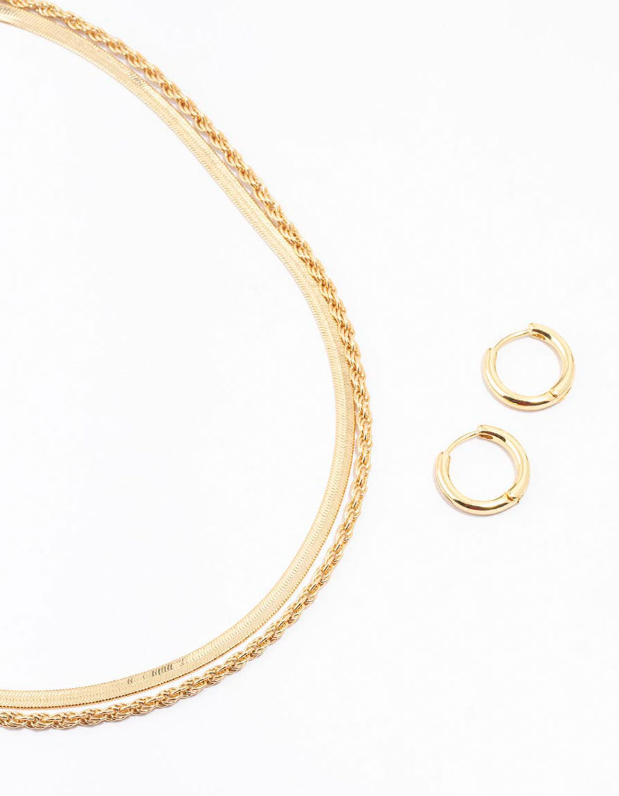 Lovisa Premium Gold Plated Twist & Snake Chain Necklace & Hoop Set 14.5 Inches