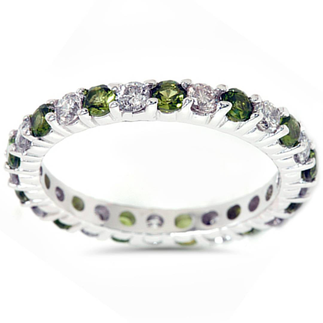 1 1/2 CT Peridot & Diamond Common Prong Eternity Wedding Ring 14K White Gold