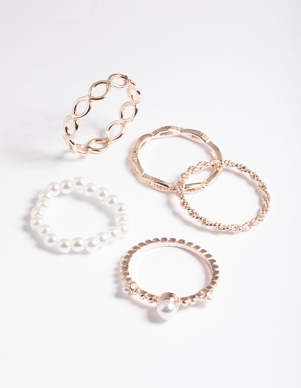 Rose Gold Pearl and Twist Ring 5-Pack