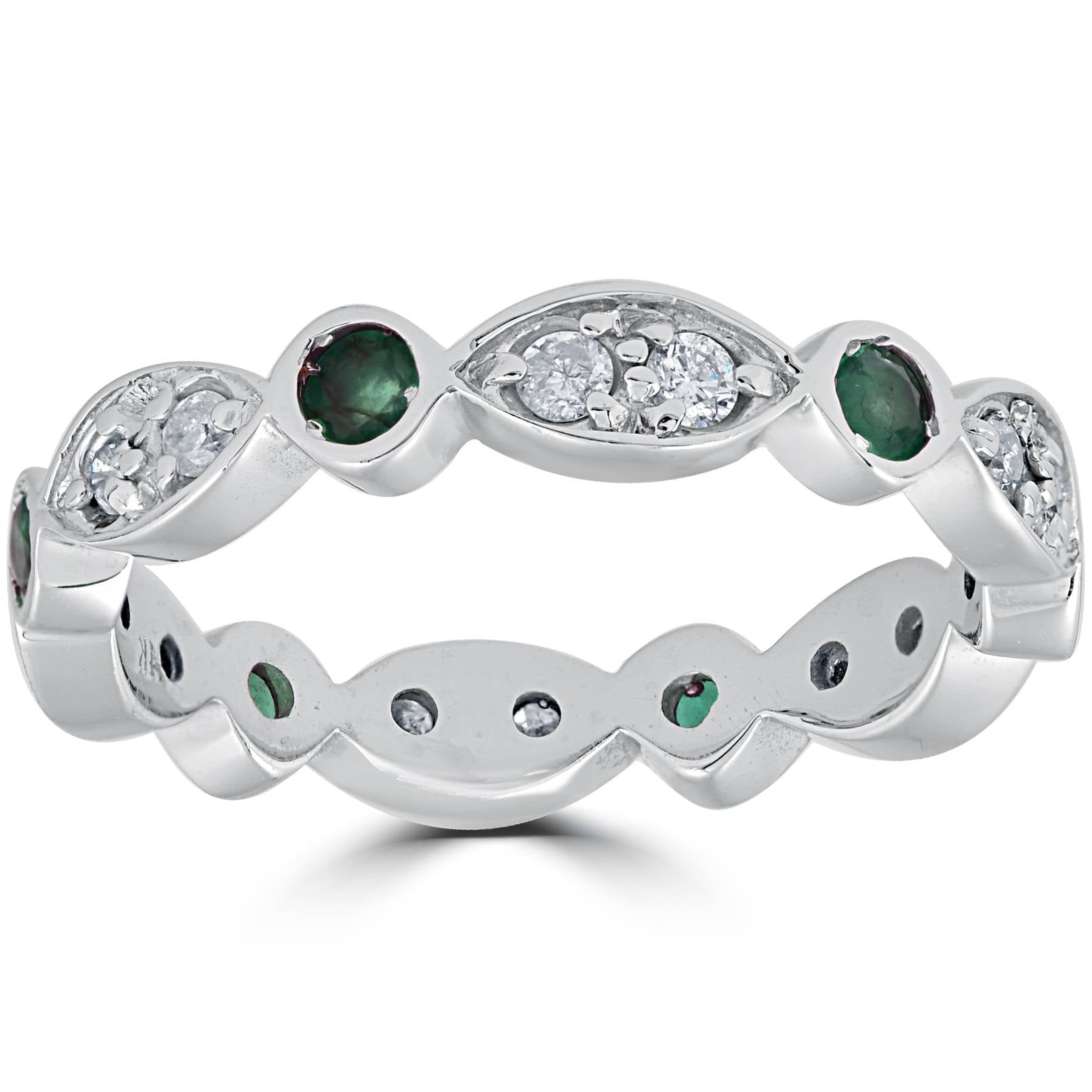 1ct Diamond & Imitation Green Emerald Vintage Eternity Ring 14K White Gold