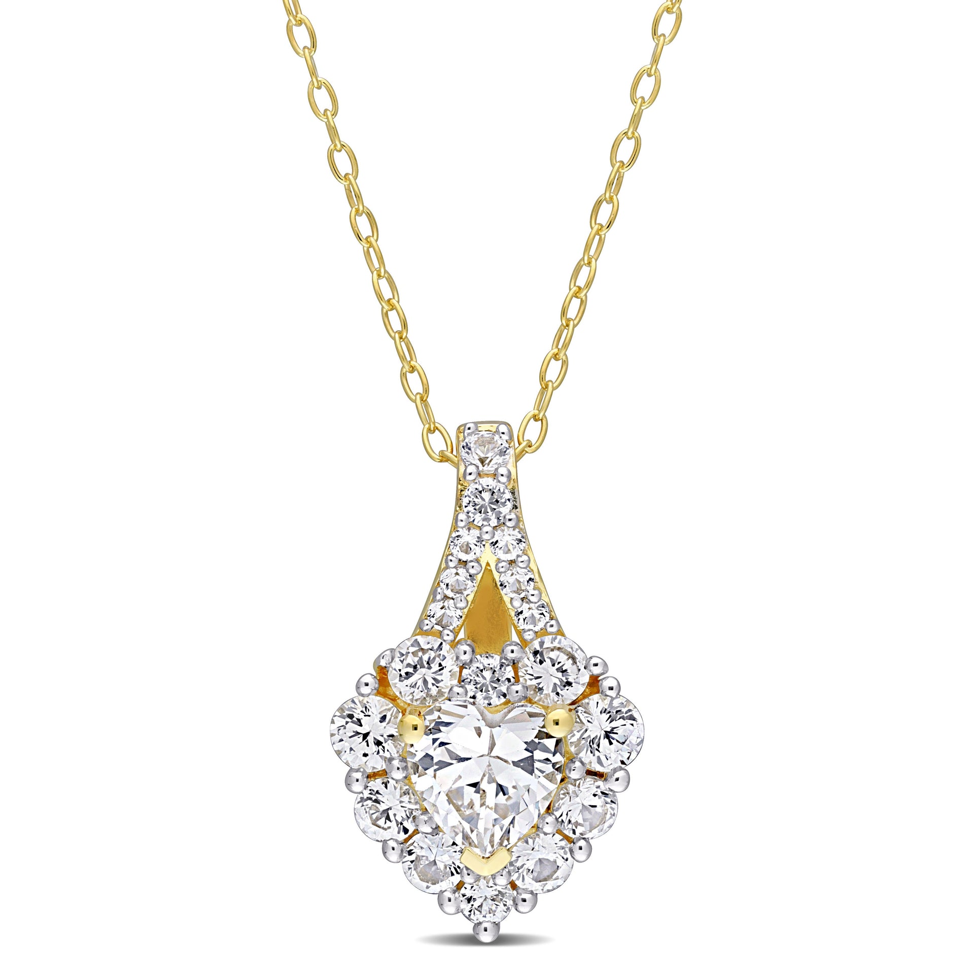 2 7/8 CT TGW Created White Sapphire Halo Heart Pendant With Chain in Yellow Plated Sterling Silver