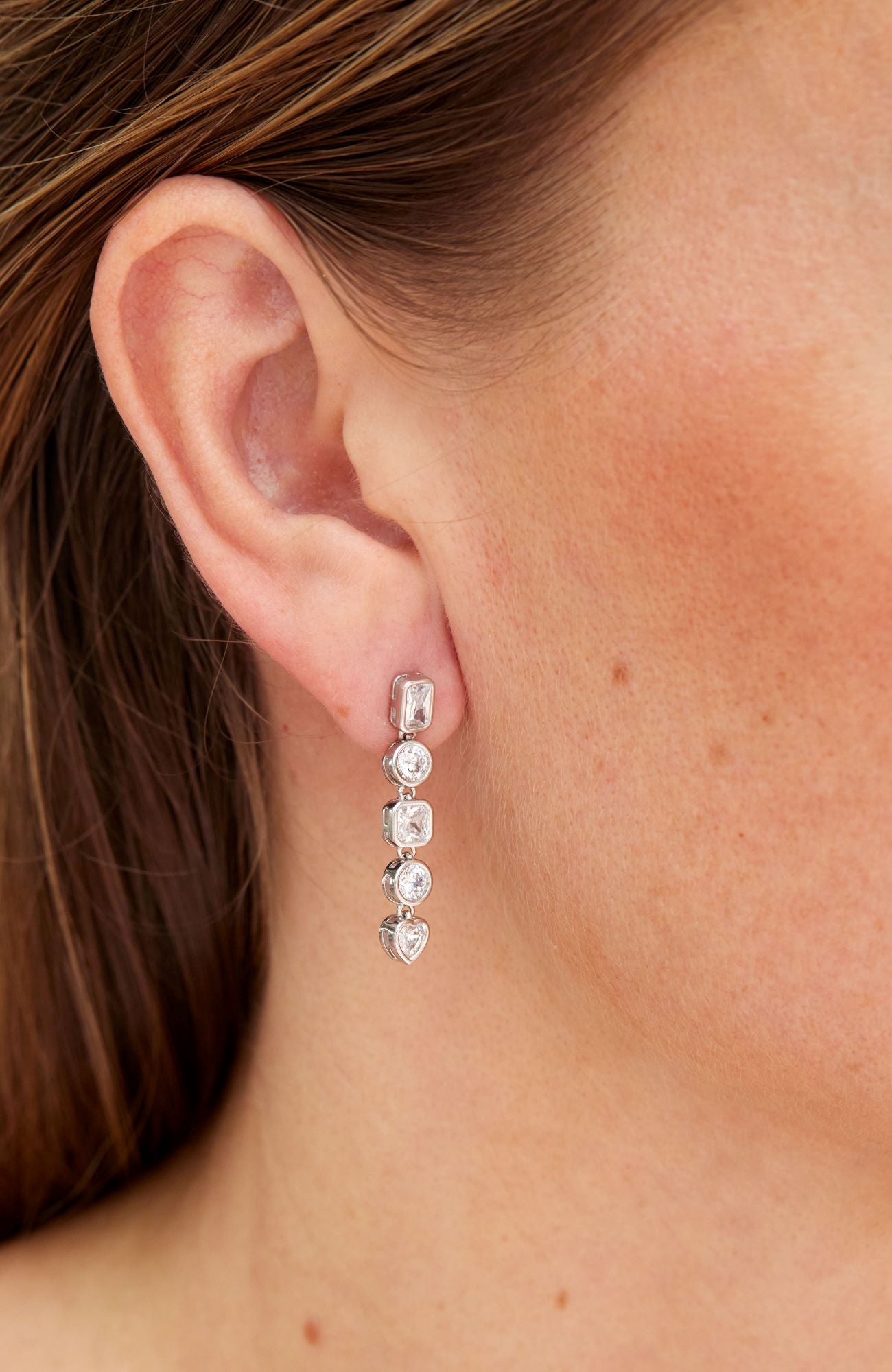 RHODIUM PLATED MULTI SHAPE DROP WHITE CZ EARRINGS
