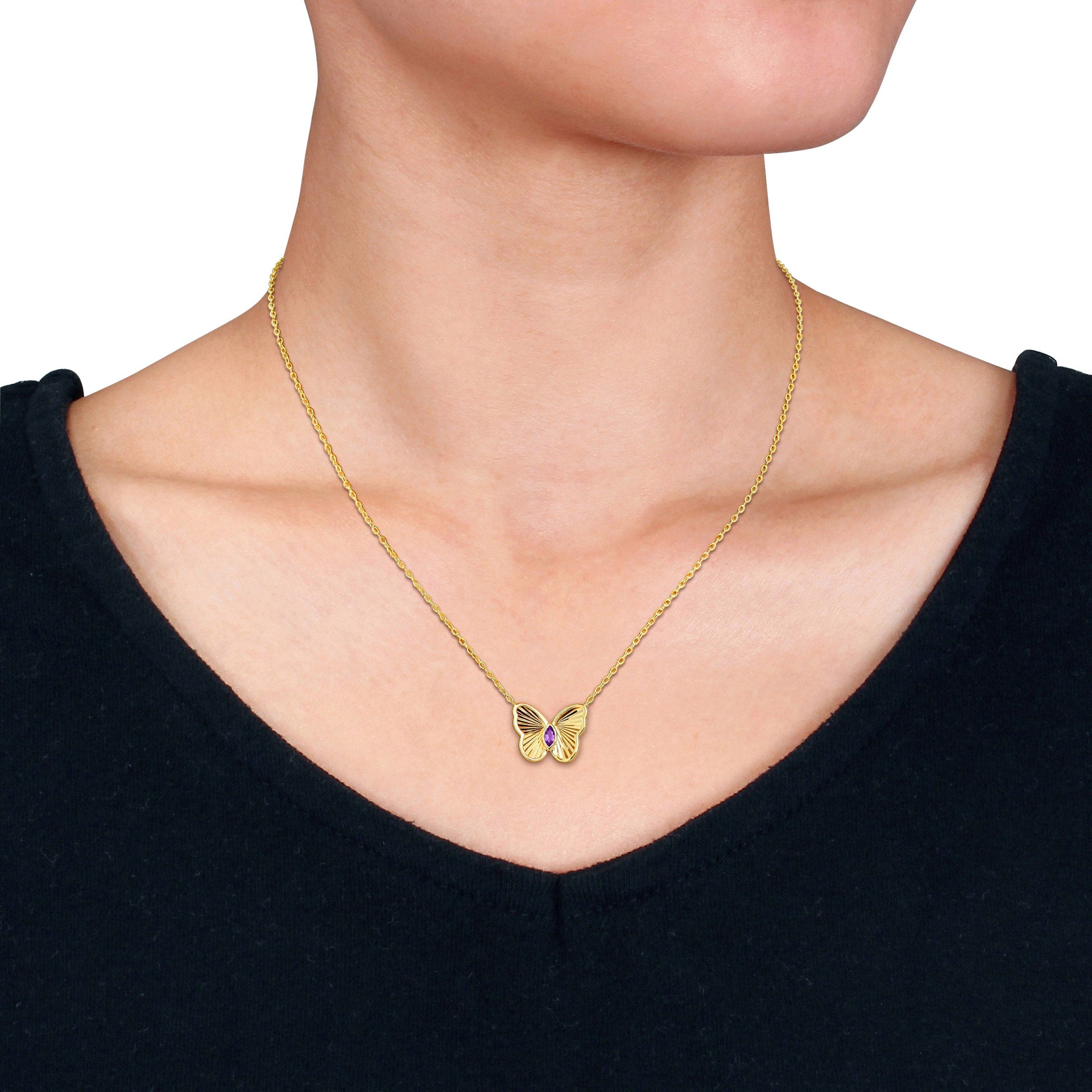 Mimi & Max 1/8 ct TGW Marquise-Cut Amethyst Butterfly Necklace with Chain Yellow Silver-17 in