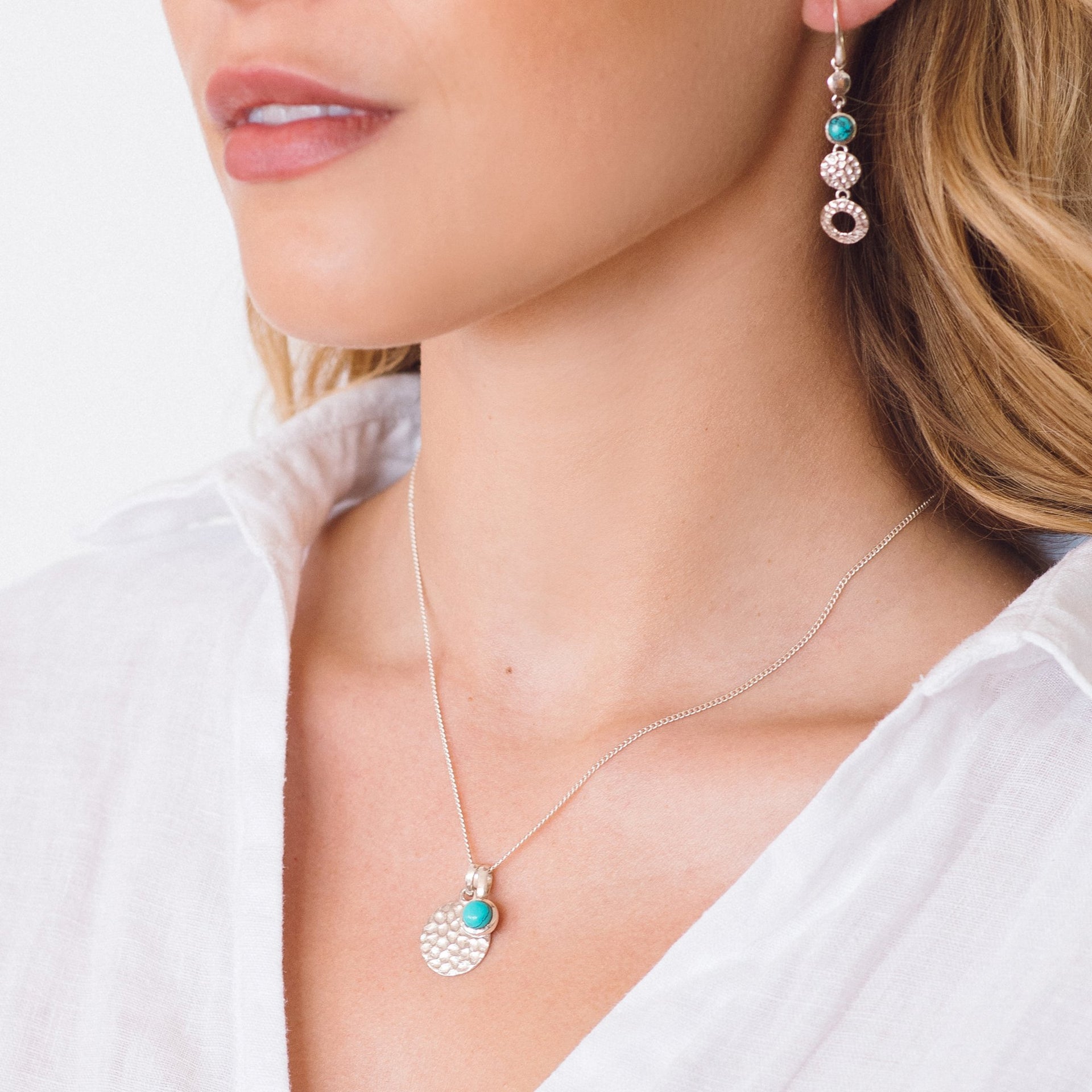 Lakshmi Hammered Disc Silver Necklace With Turquoise Charm