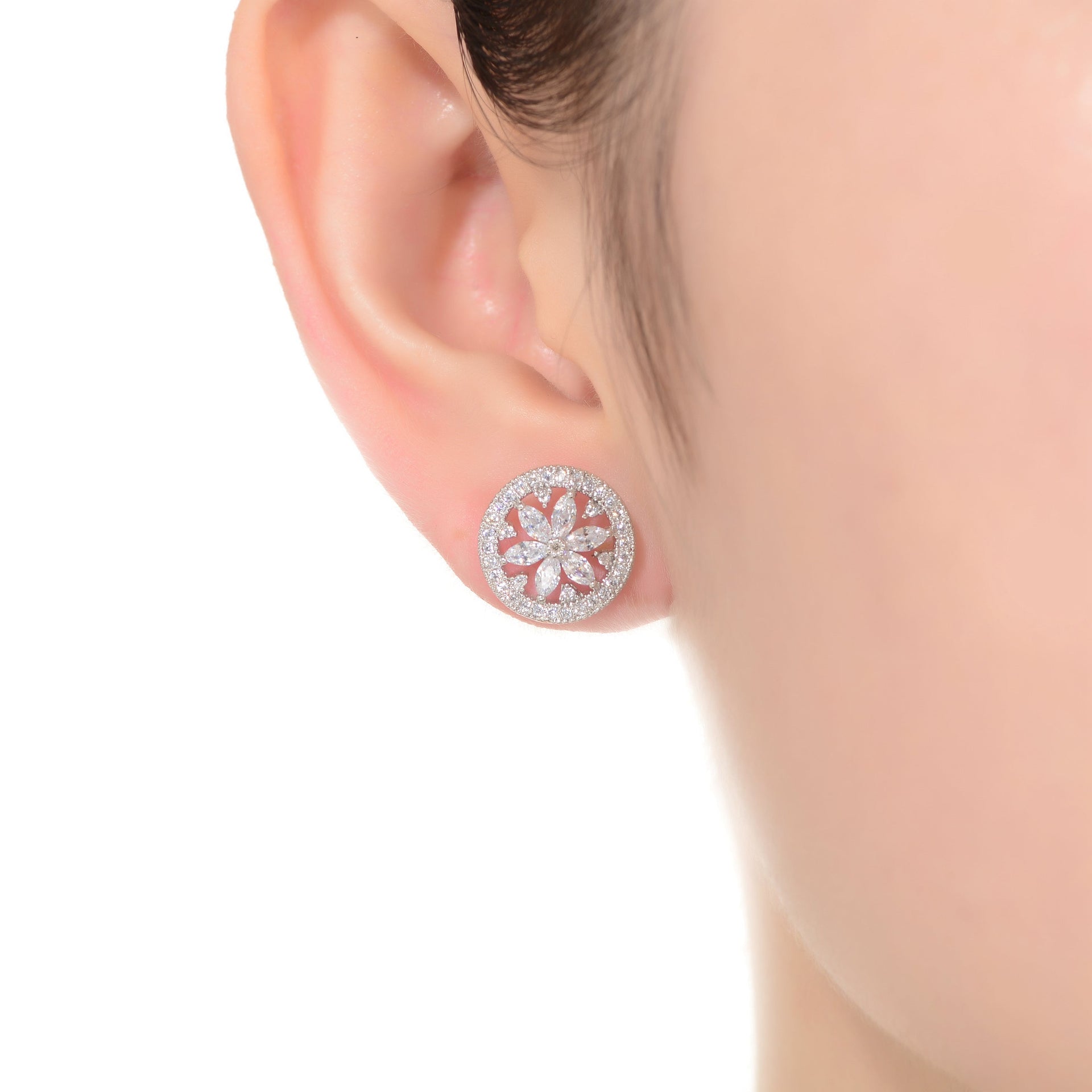 Sterling Silver with Rhodium Plated Clear Marquise with Round Cubic Zirconia Halo Wreath Earrings