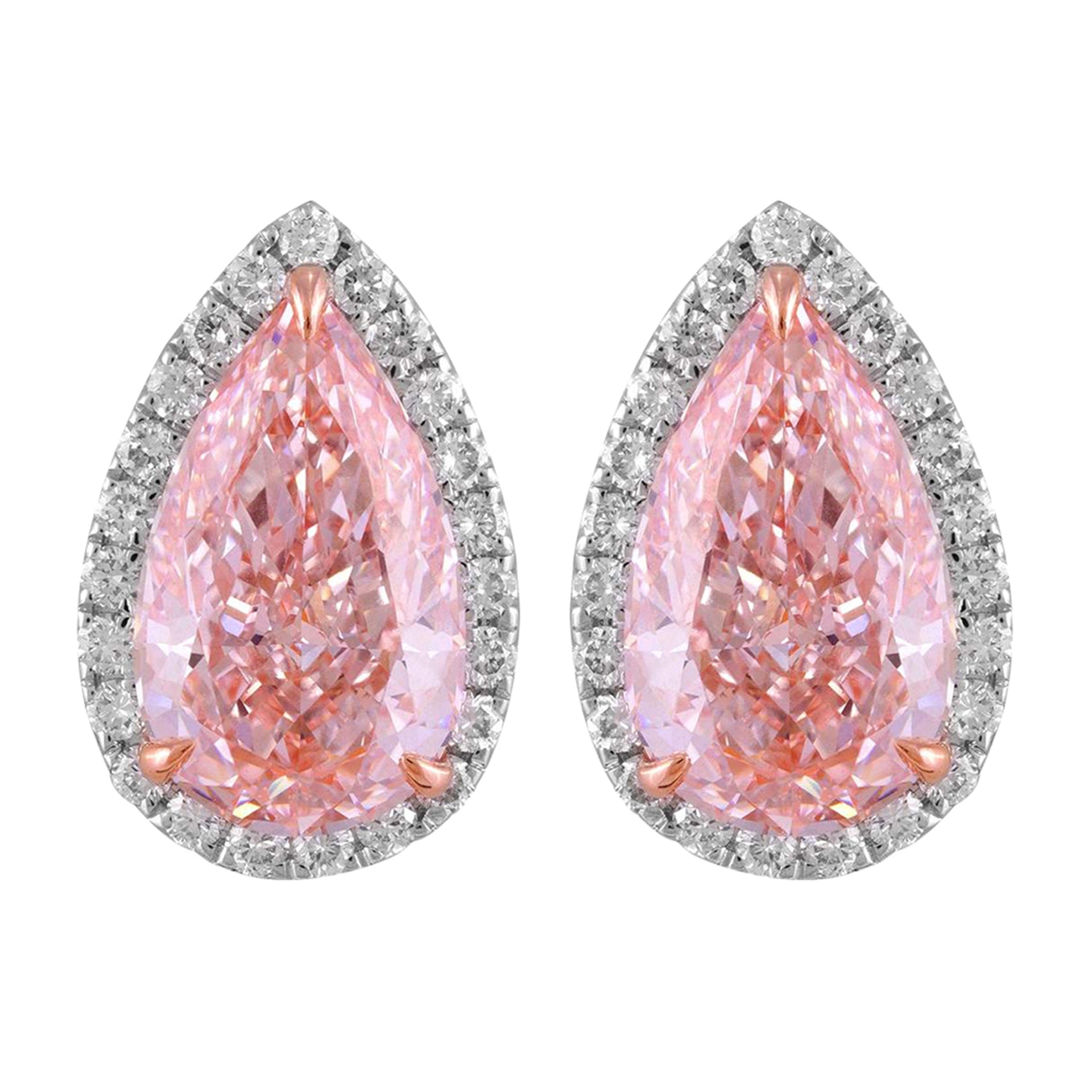 14k White Gold Vivid Pink 3.8 CT Pear Cut Lab-grown Diamond Halo Stud Earrings