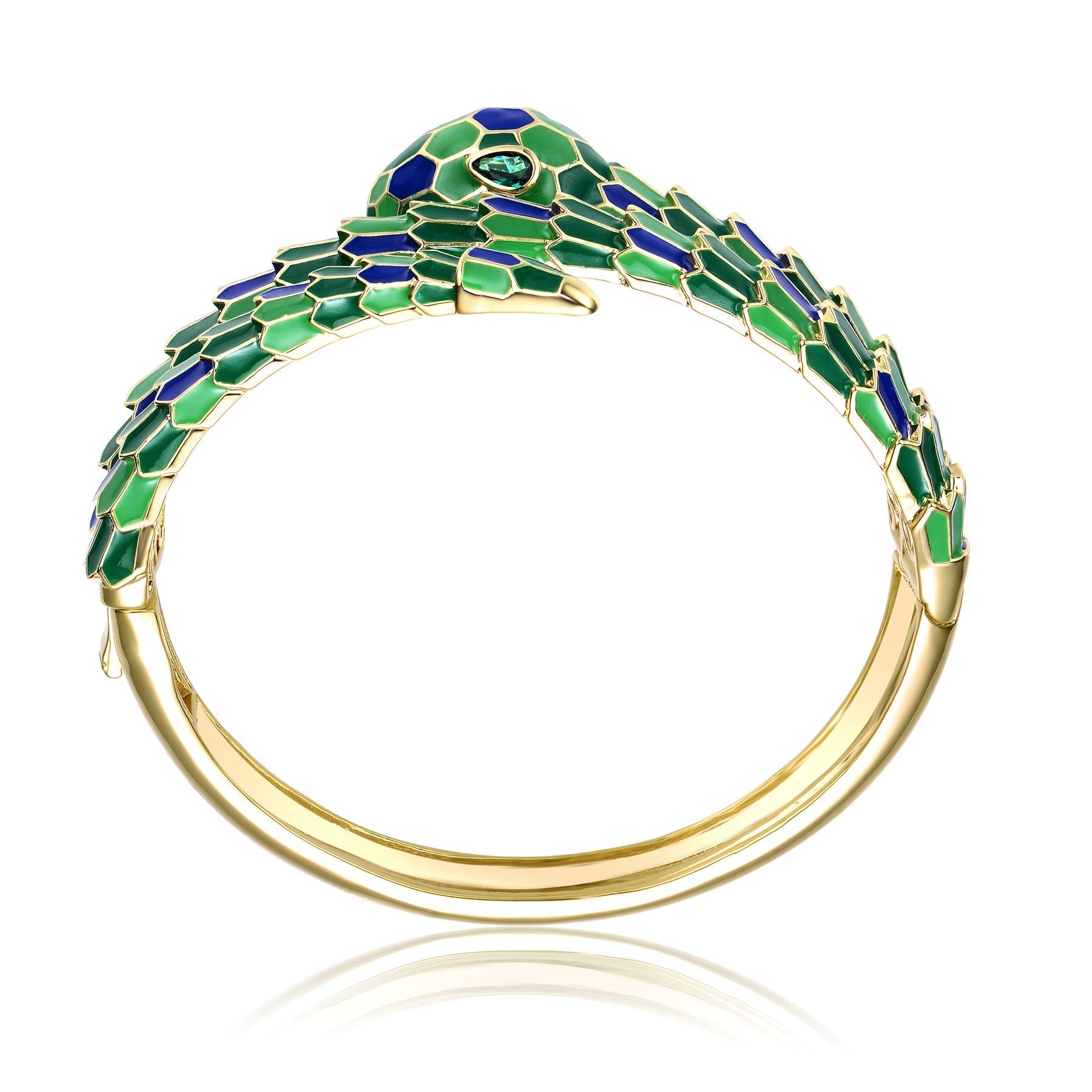 RG 14k Yellow Gold Plated with Emerald Cubic Zirconia Green & Blue Enamel 3D Serpent Coiled Bypass Wrapped Bangle Bracelet