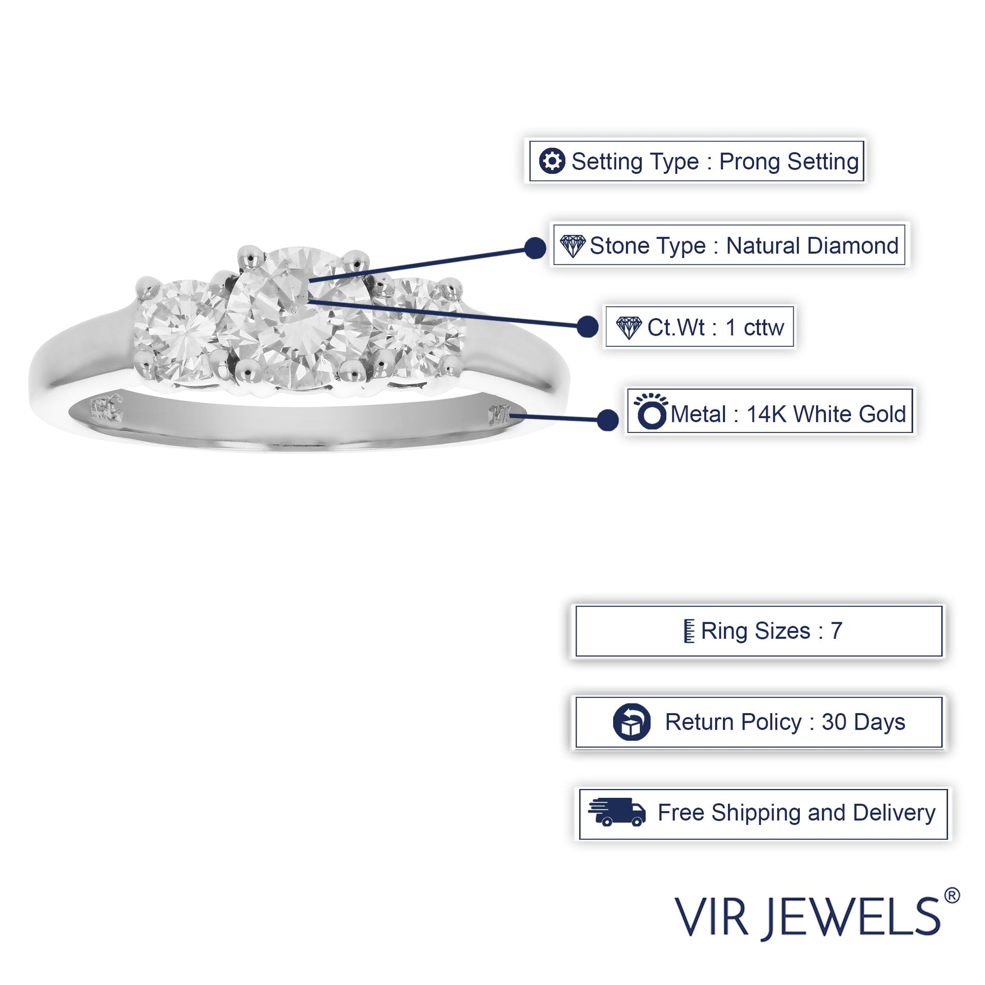 1 cttw Diamond 3 Stone Engagement Ring 14K White Gold Wedding Bridal